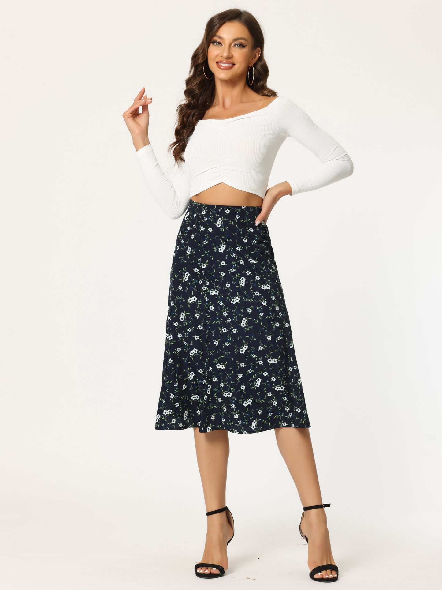 Women's Floral Midi Skirt Peasant Elastic Waist A-Line Ditsy Printed Skirts
