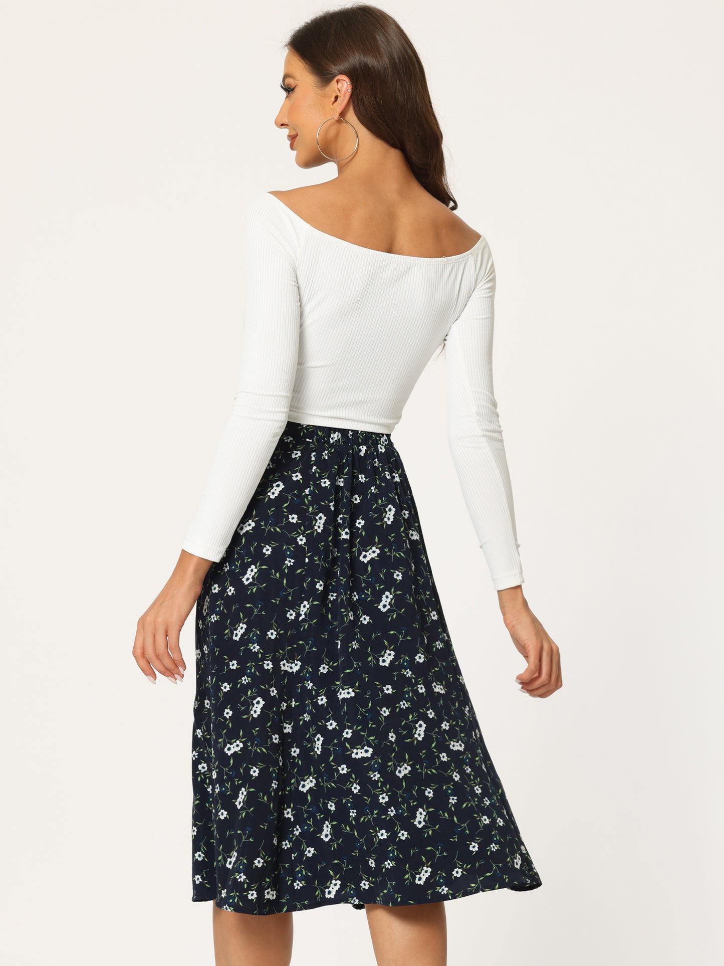 Women's Floral Midi Skirt Peasant Elastic Waist A-Line Ditsy Printed Skirts