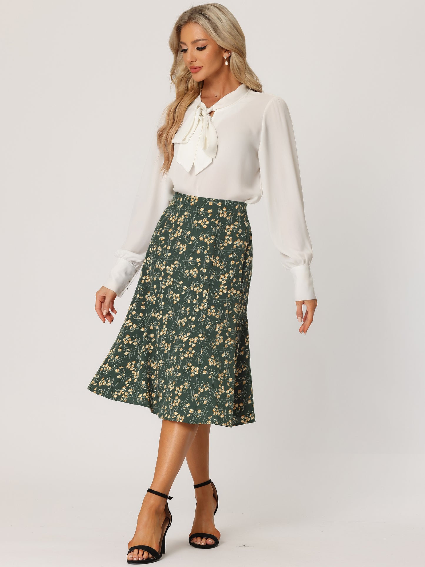 Women's Floral Midi Skirt Peasant Elastic Waist A-Line Ditsy Printed Skirts