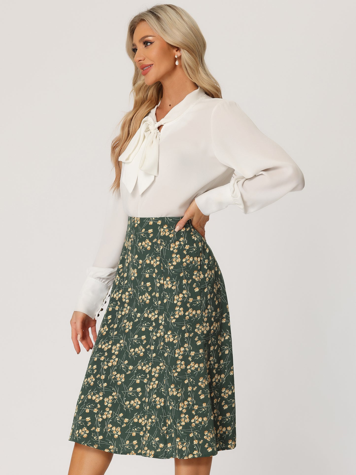 Women's Floral Midi Skirt Peasant Elastic Waist A-Line Ditsy Printed Skirts