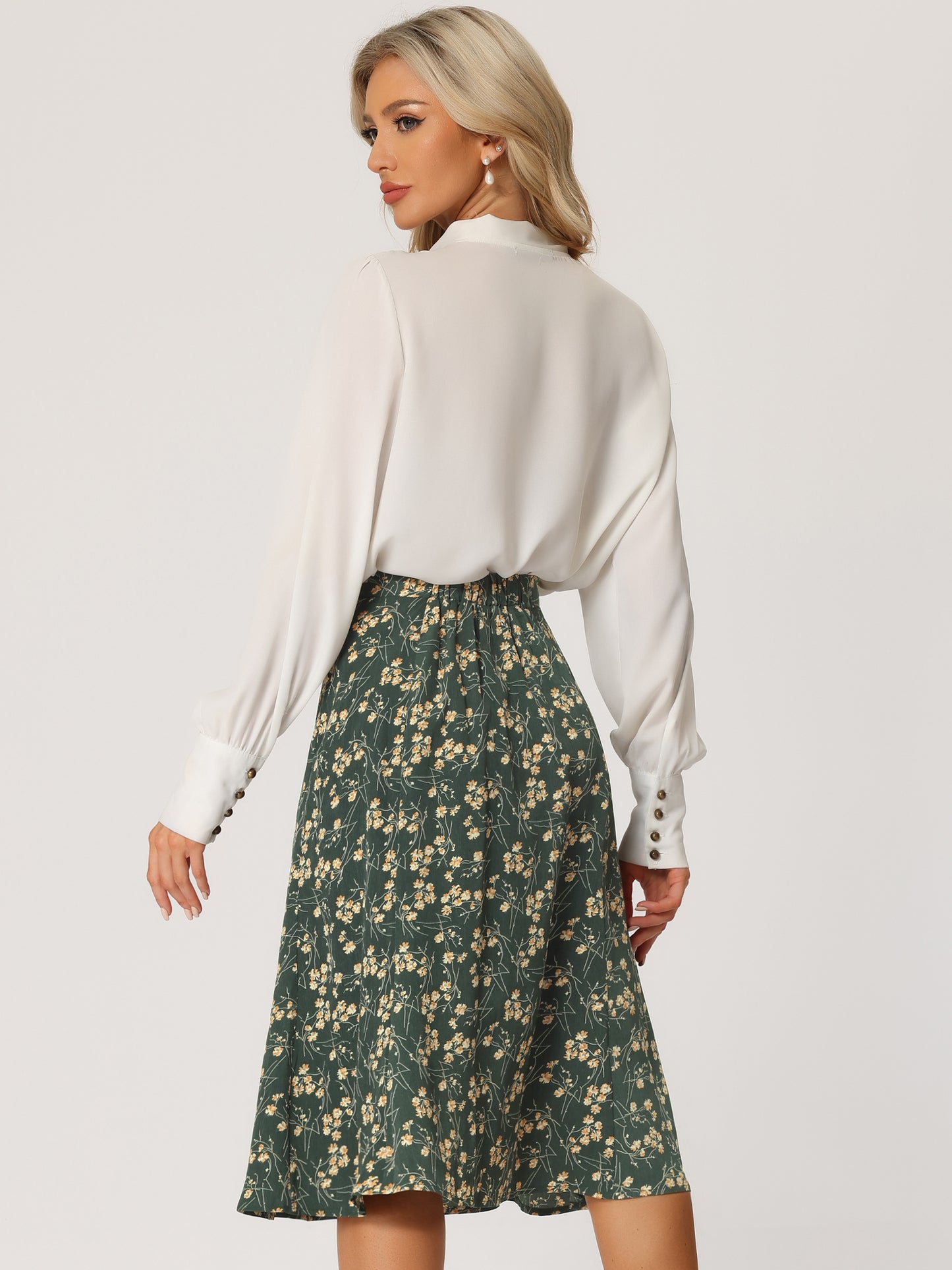 Women's Floral Midi Skirt Peasant Elastic Waist A-Line Ditsy Printed Skirts
