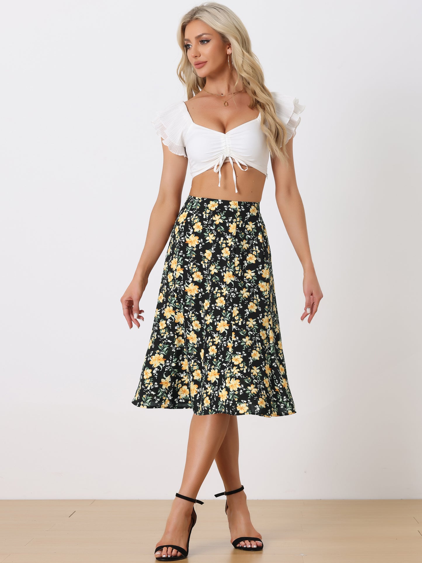 Women's Floral Midi Skirt Peasant Elastic Waist A-Line Ditsy Printed Skirts