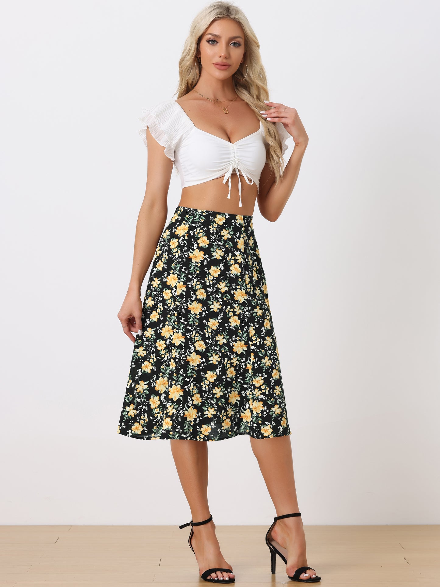 Women's Floral Midi Skirt Peasant Elastic Waist A-Line Ditsy Printed Skirts