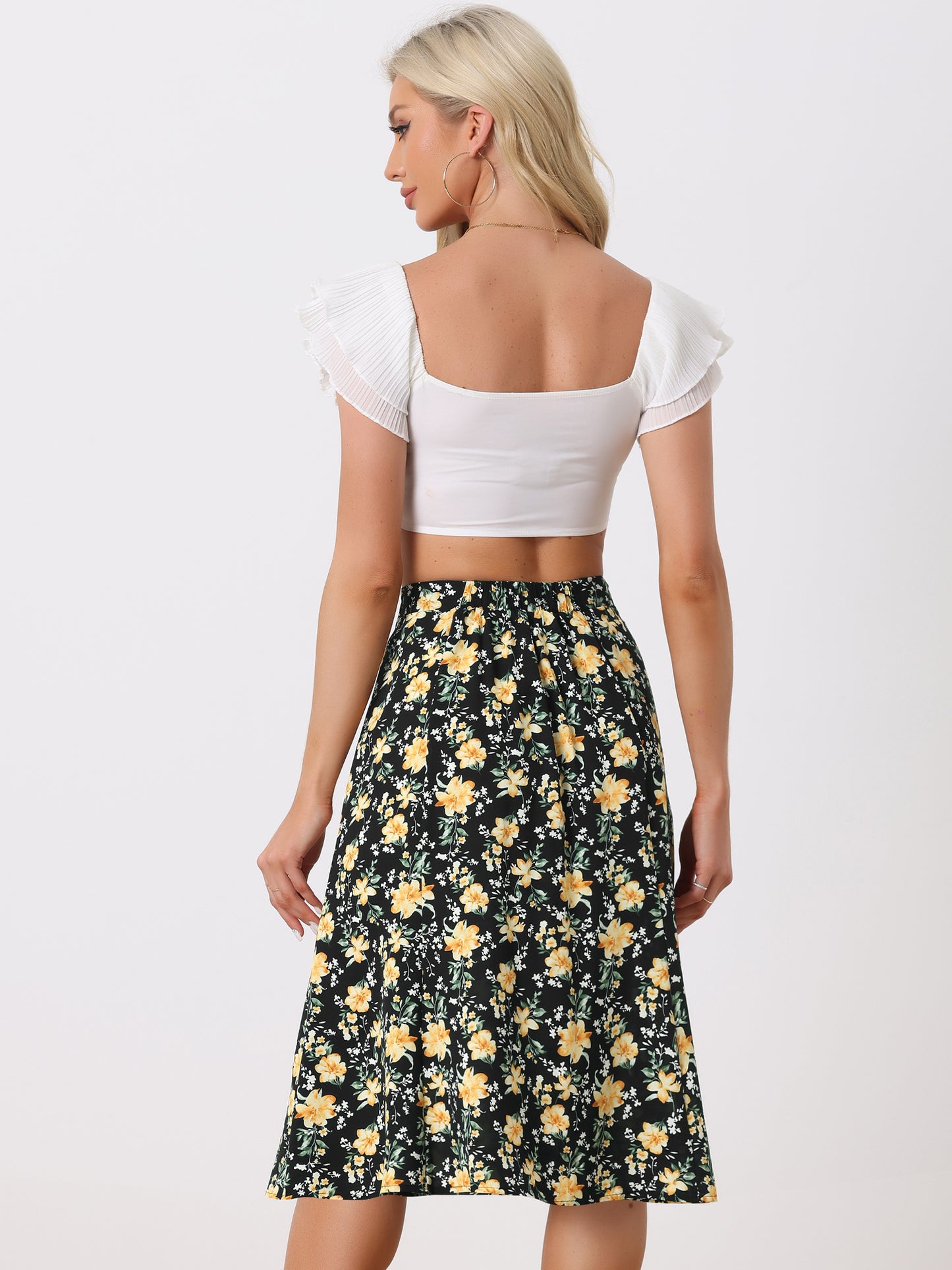Women's Floral Midi Skirt Peasant Elastic Waist A-Line Ditsy Printed Skirts