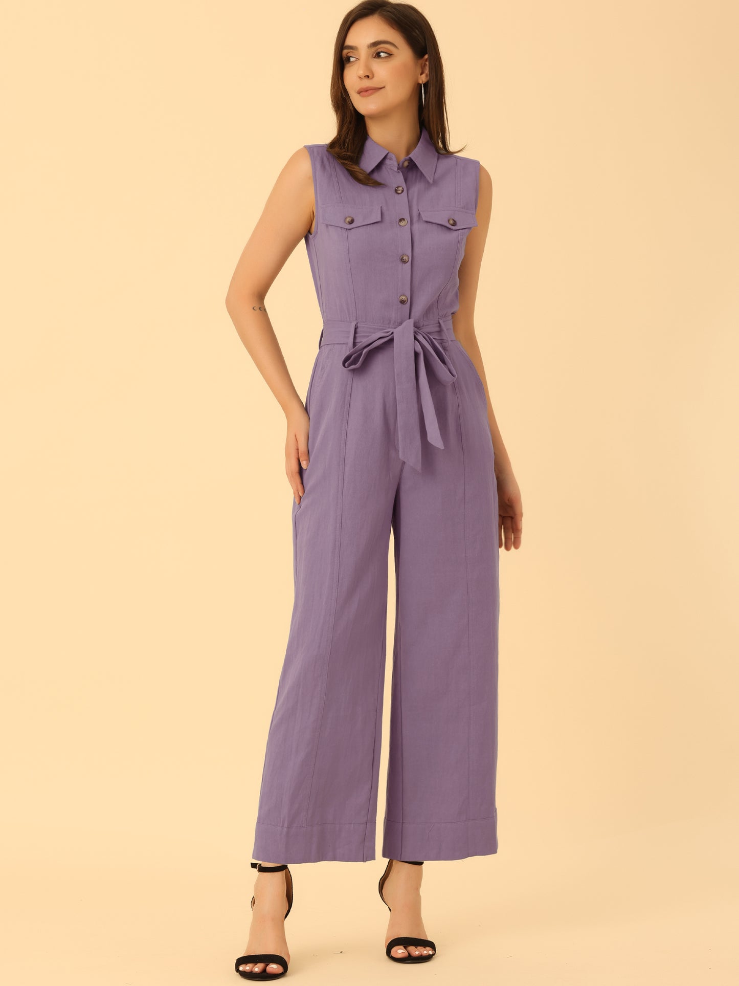 Women's Wide Leg Jumpsuit Sleeveless Collared Tie Waist Coverall Button Down Cargo Jumpsuits