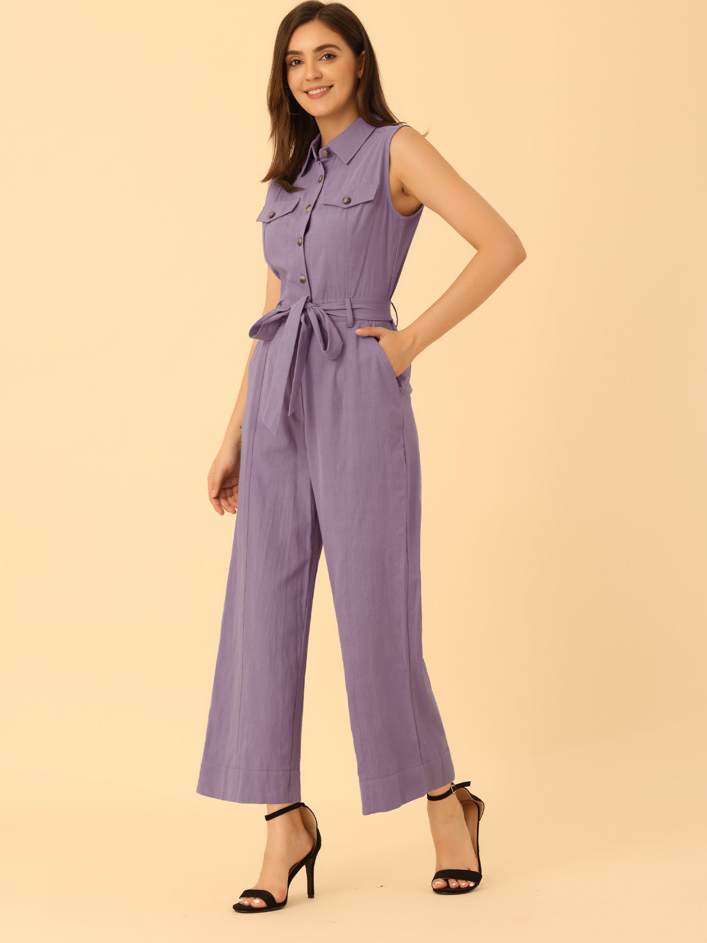 Women's Wide Leg Jumpsuit Sleeveless Collared Tie Waist Coverall Button Down Cargo Jumpsuits