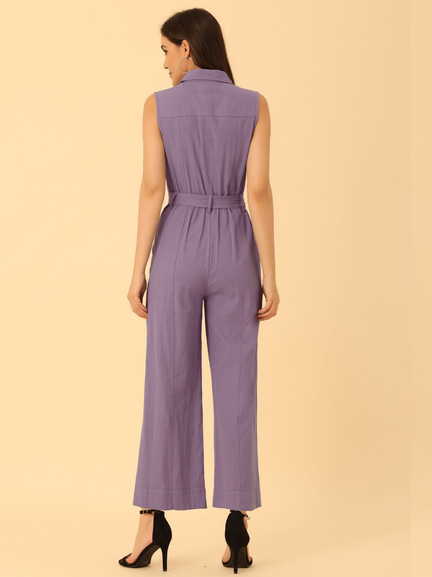 Women's Wide Leg Jumpsuit Sleeveless Collared Tie Waist Coverall Button Down Cargo Jumpsuits