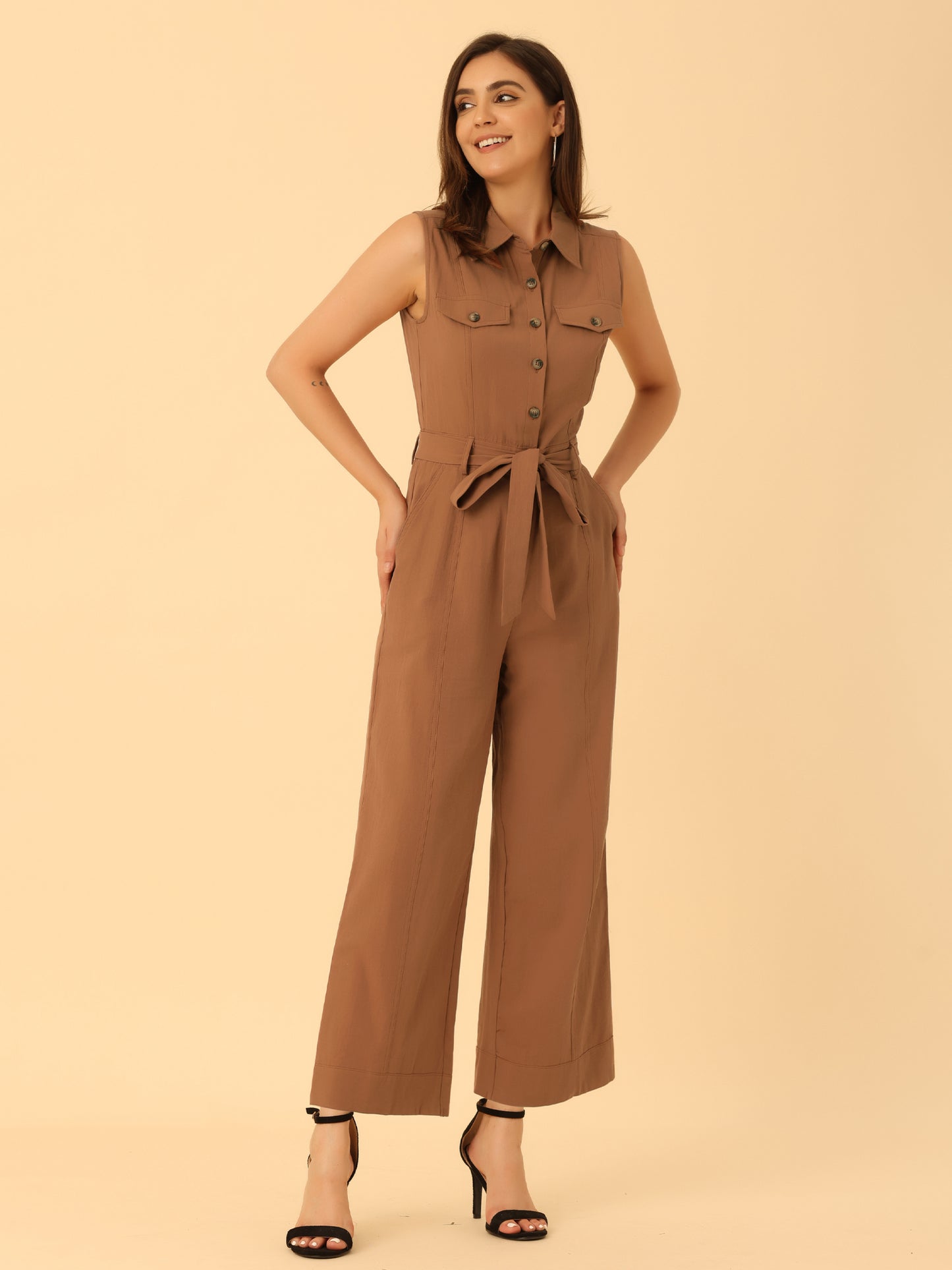 Women's Wide Leg Jumpsuit Sleeveless Collared Tie Waist Coverall Button Down Cargo Jumpsuits