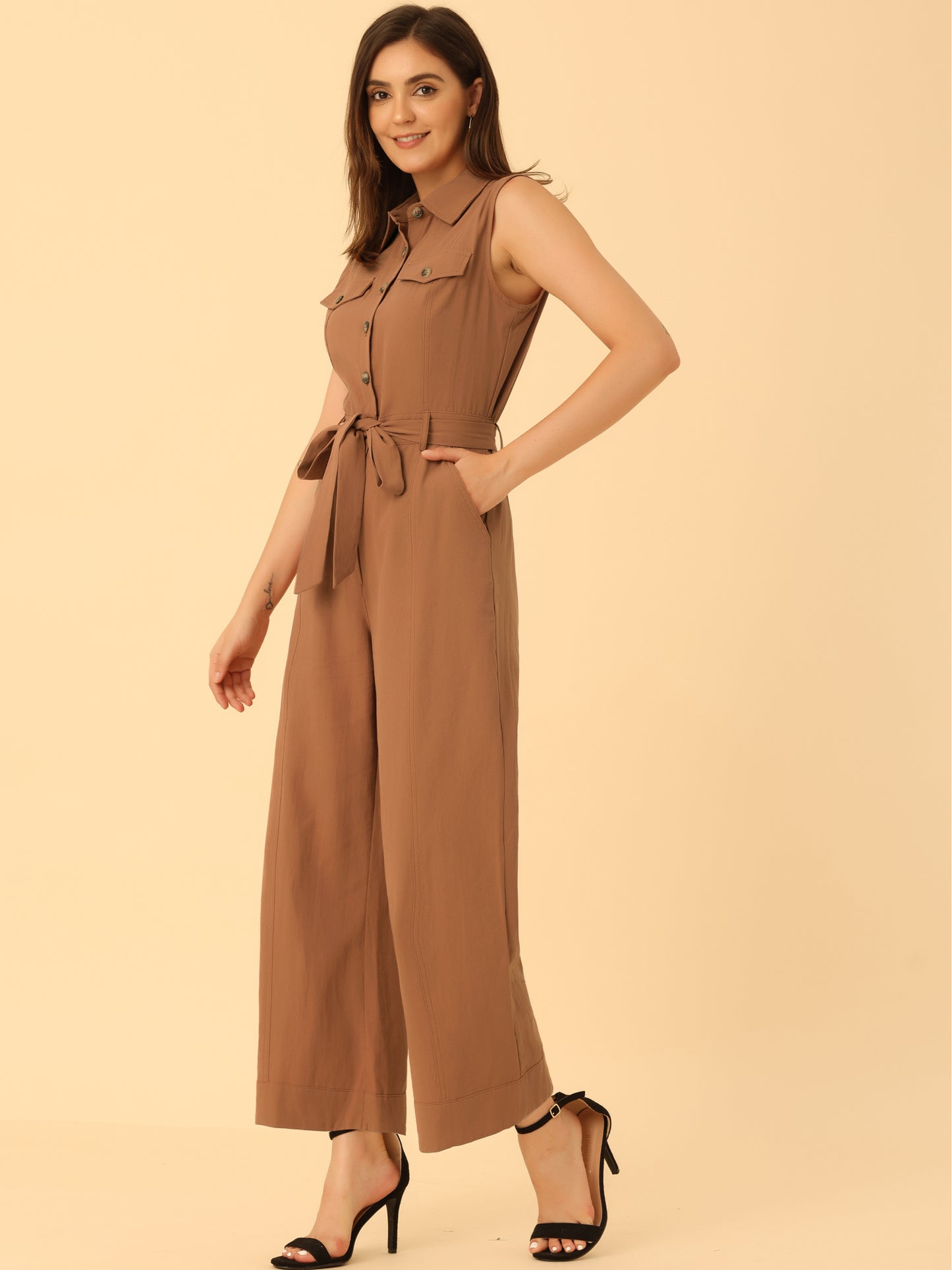 Women's Wide Leg Jumpsuit Sleeveless Collared Tie Waist Coverall Button Down Cargo Jumpsuits