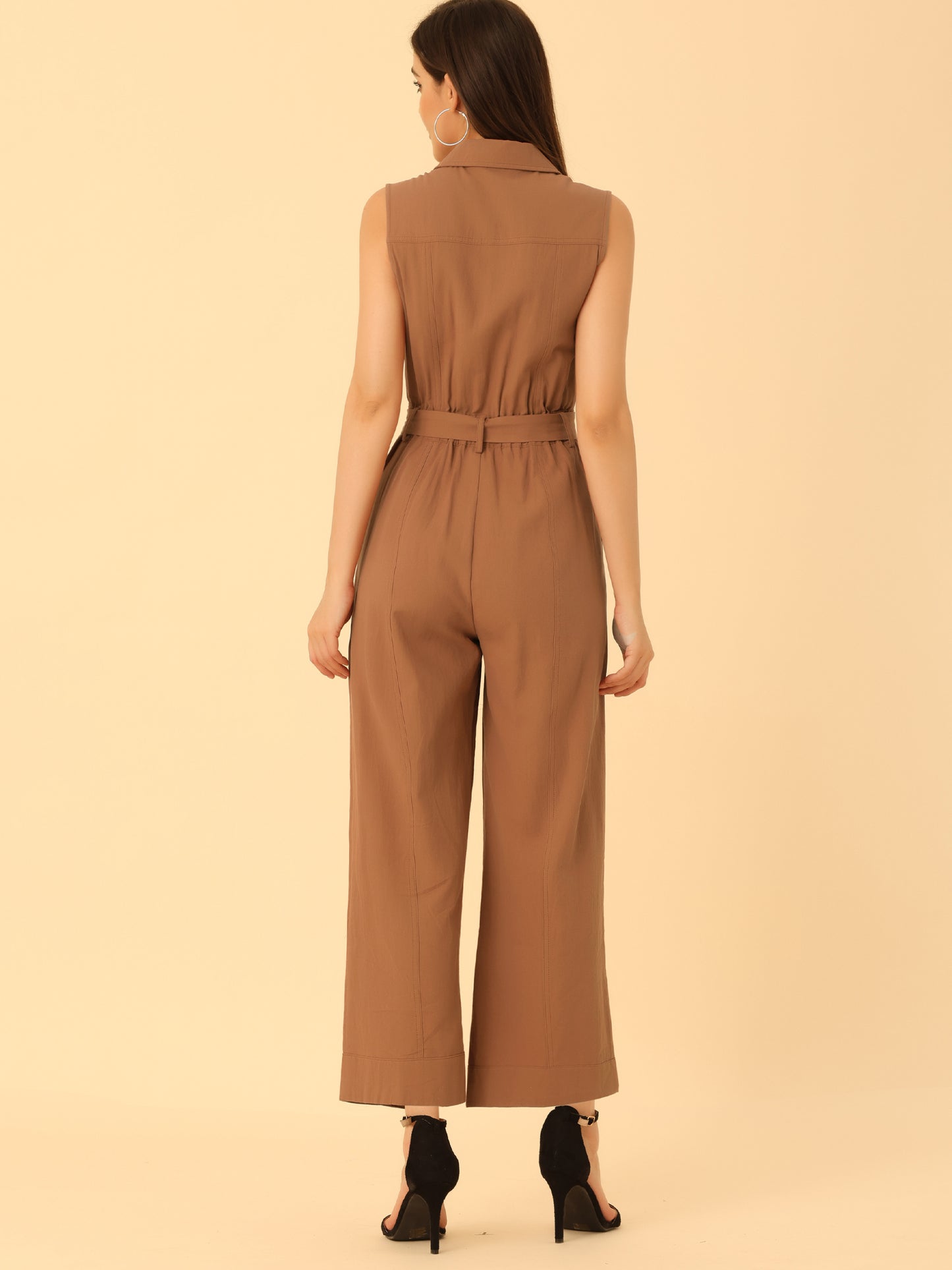 Women's Wide Leg Jumpsuit Sleeveless Collared Tie Waist Coverall Button Down Cargo Jumpsuits