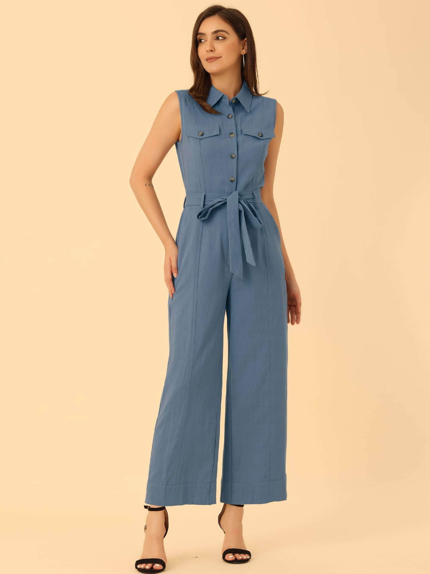 Women's Wide Leg Jumpsuit Sleeveless Collared Tie Waist Coverall Button Down Cargo Jumpsuits