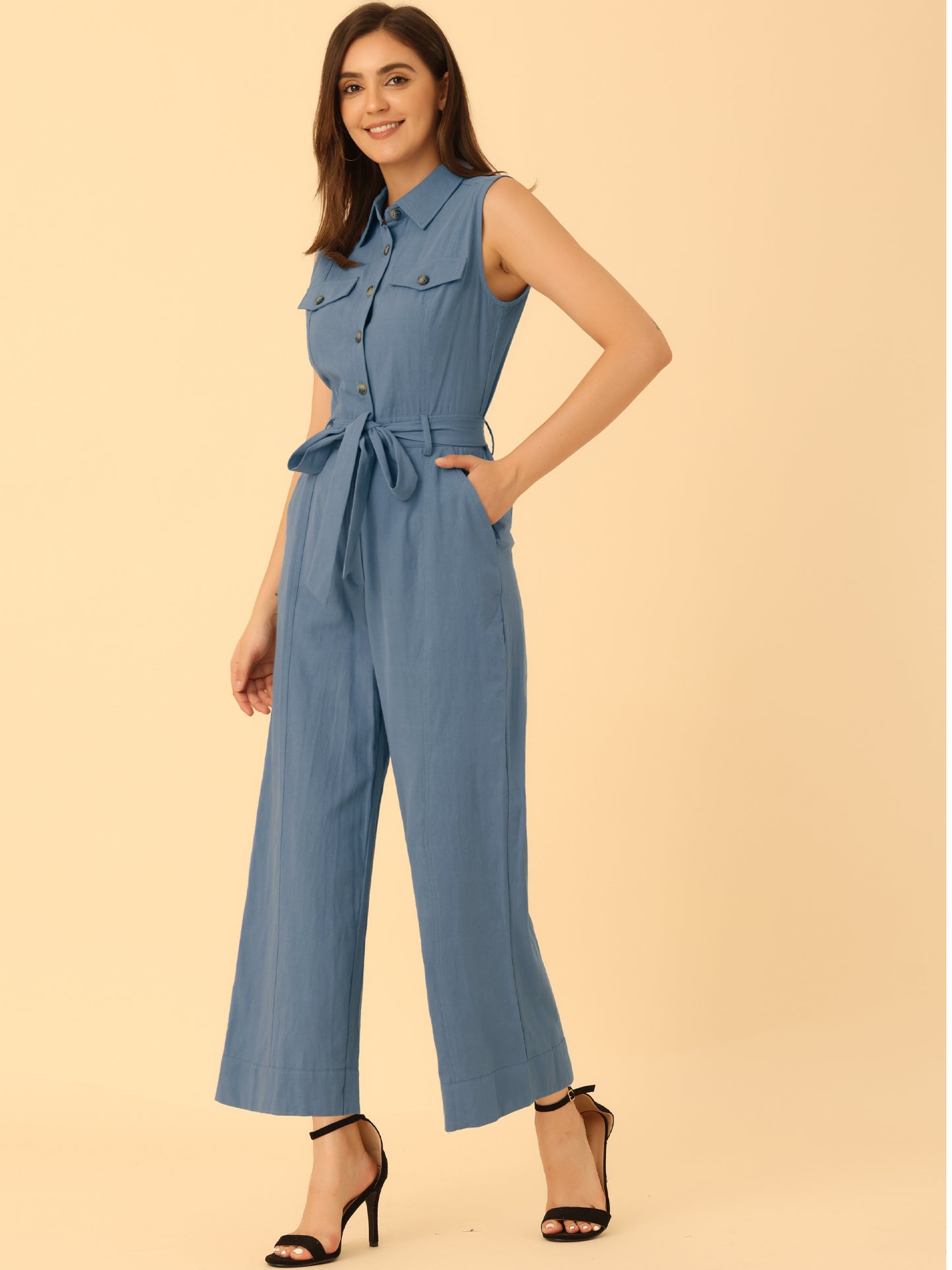 Women's Wide Leg Jumpsuit Sleeveless Collared Tie Waist Coverall Button Down Cargo Jumpsuits