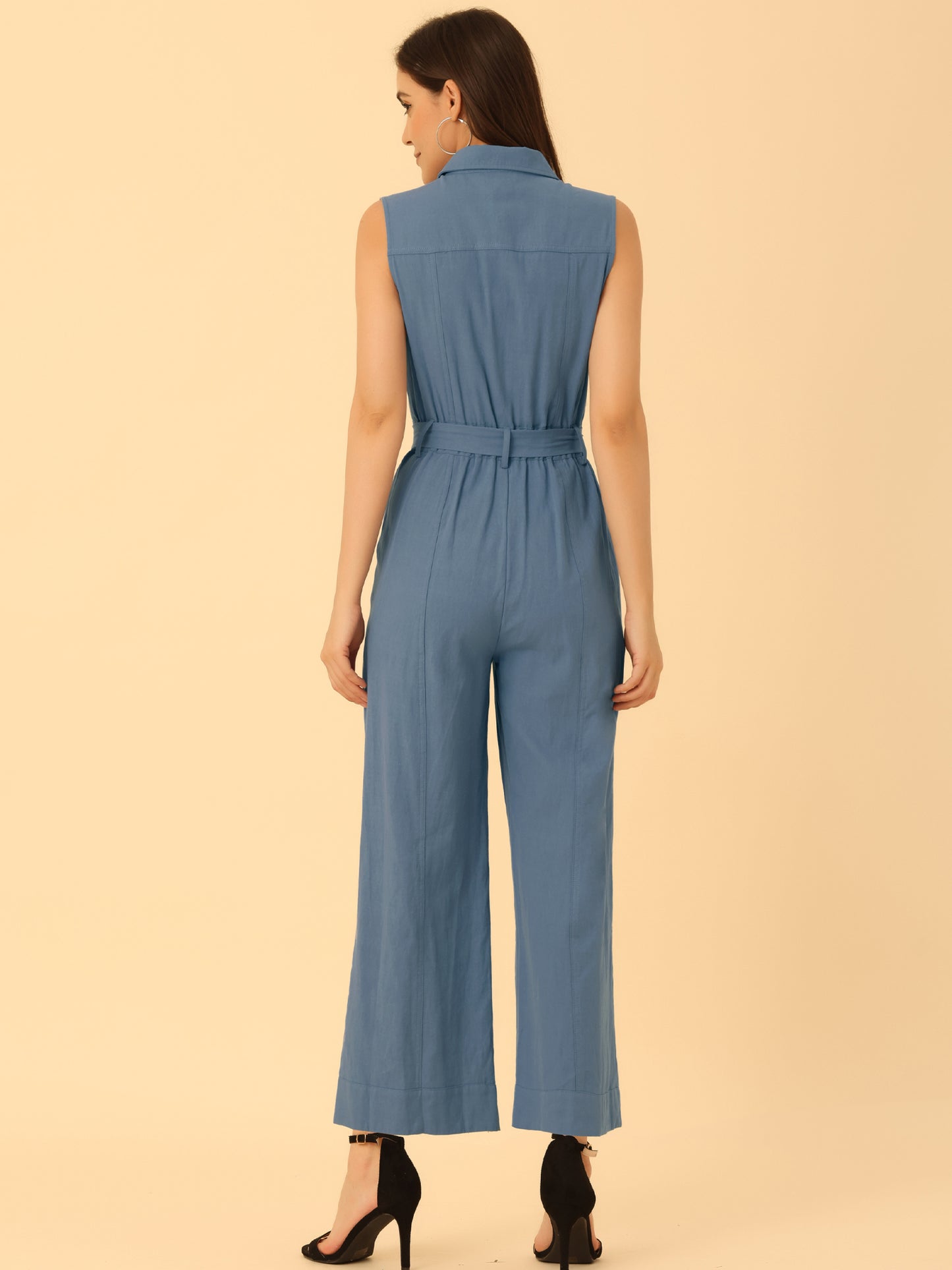Women's Wide Leg Jumpsuit Sleeveless Collared Tie Waist Coverall Button Down Cargo Jumpsuits