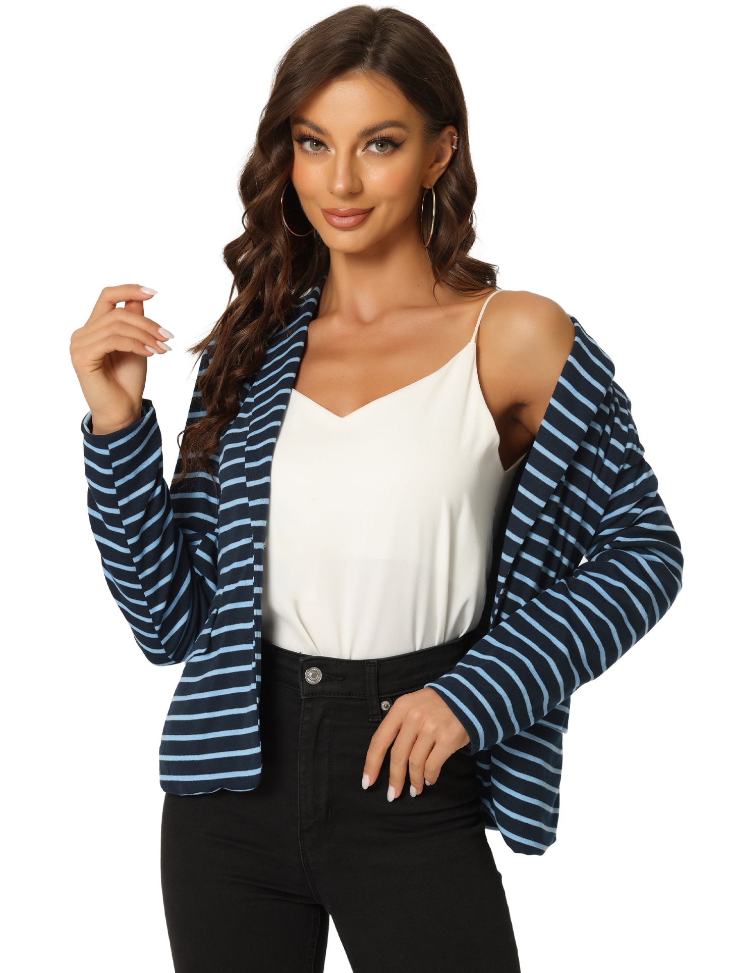 Women's Business Casual Notched Lapel Pocket Button Closure Striped Blazer (Available in Plus Size)