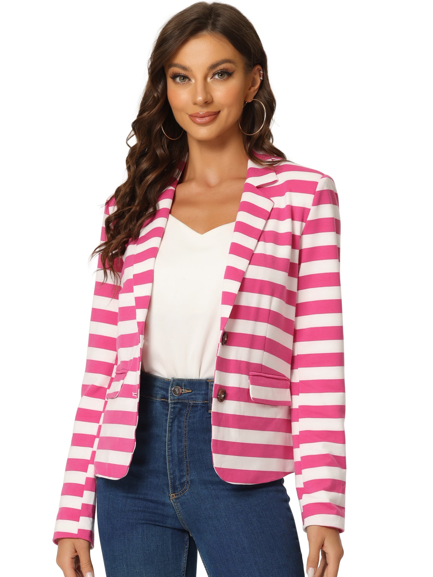 Women's Business Casual Notched Lapel Pocket Button Closure Striped Blazer (Available in Plus Size)