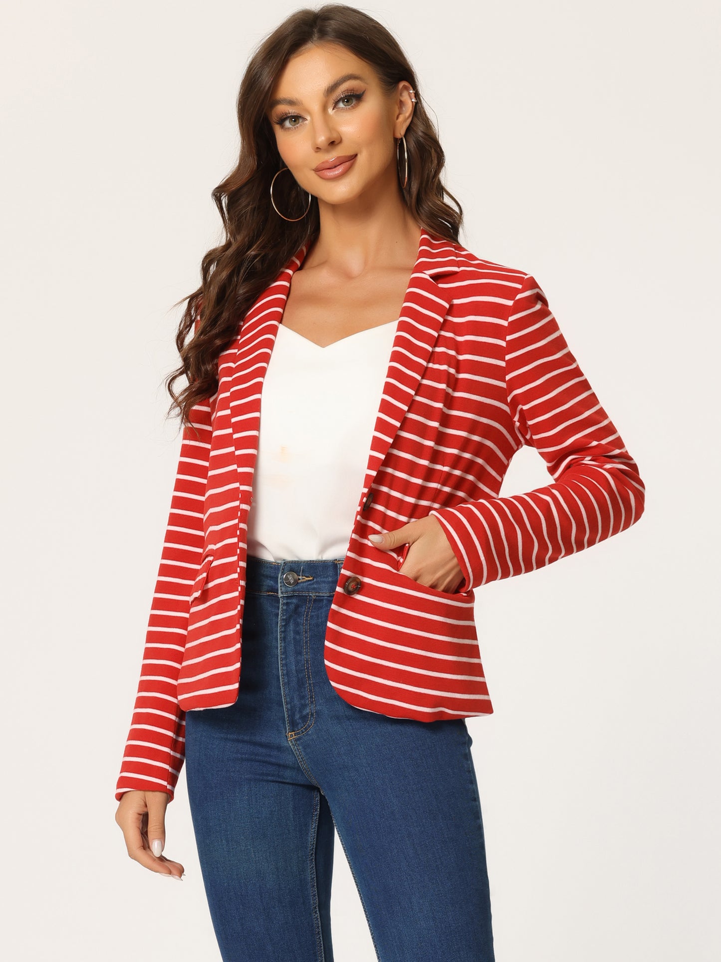 Women's Business Casual Notched Lapel Pocket Button Closure Striped Blazer (Available in Plus Size)
