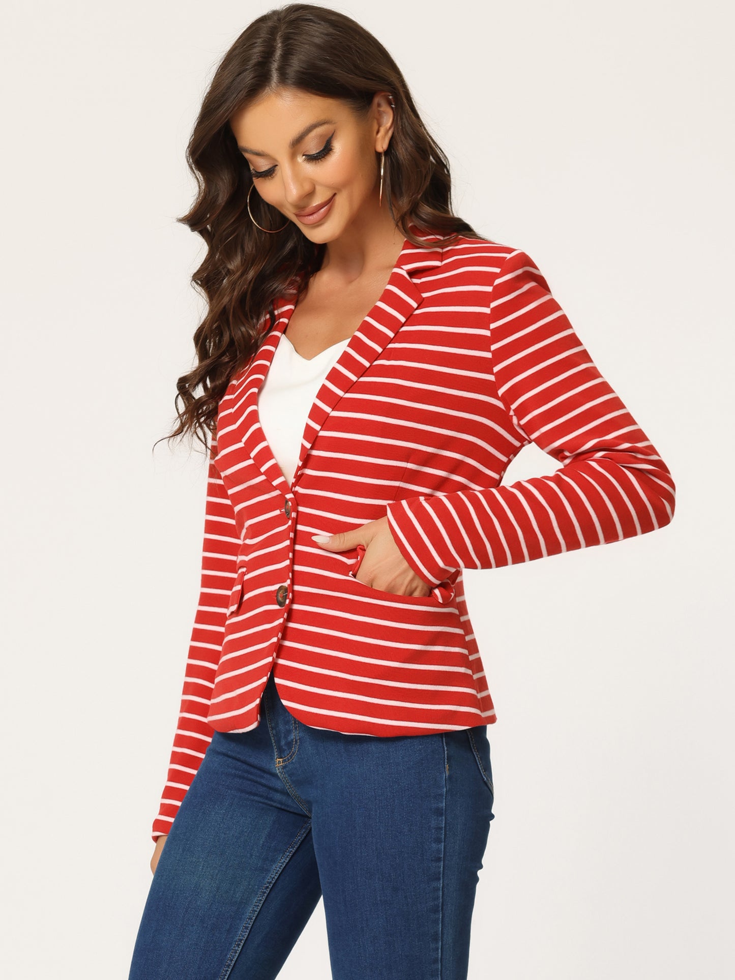 Women's Business Casual Notched Lapel Pocket Button Closure Striped Blazer (Available in Plus Size)