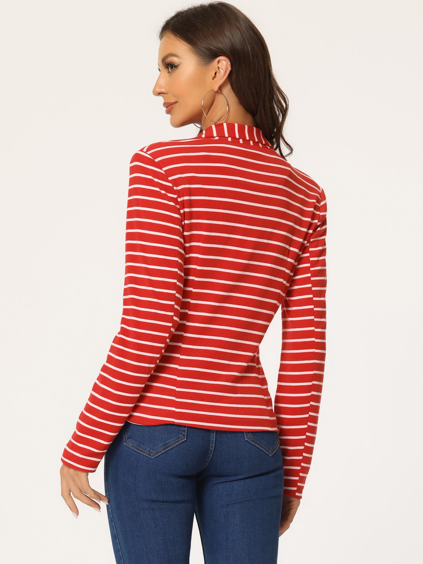 Women's Business Casual Notched Lapel Pocket Button Closure Striped Blazer (Available in Plus Size)