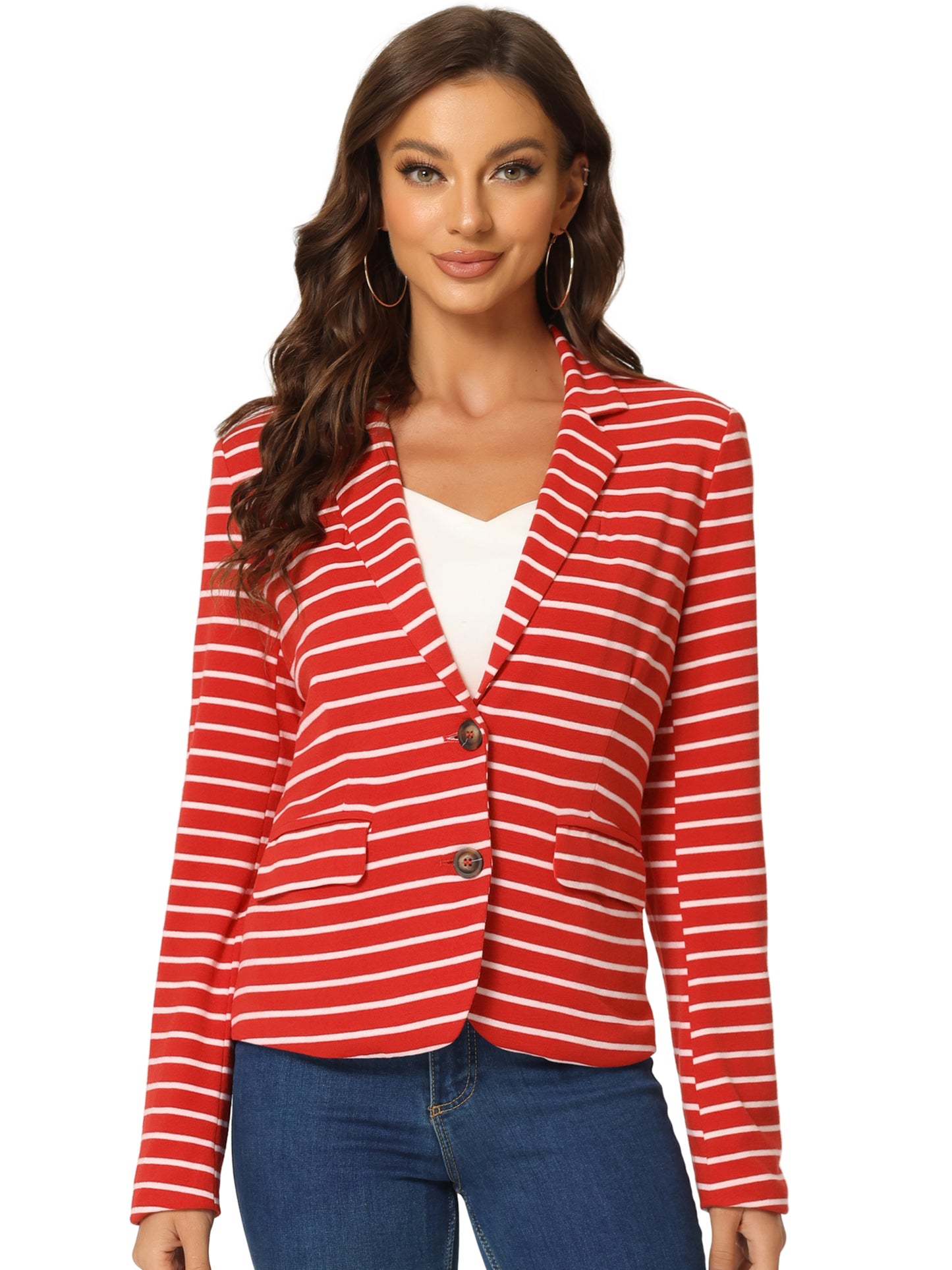 Women's Business Casual Notched Lapel Pocket Button Closure Striped Blazer (Available in Plus Size)
