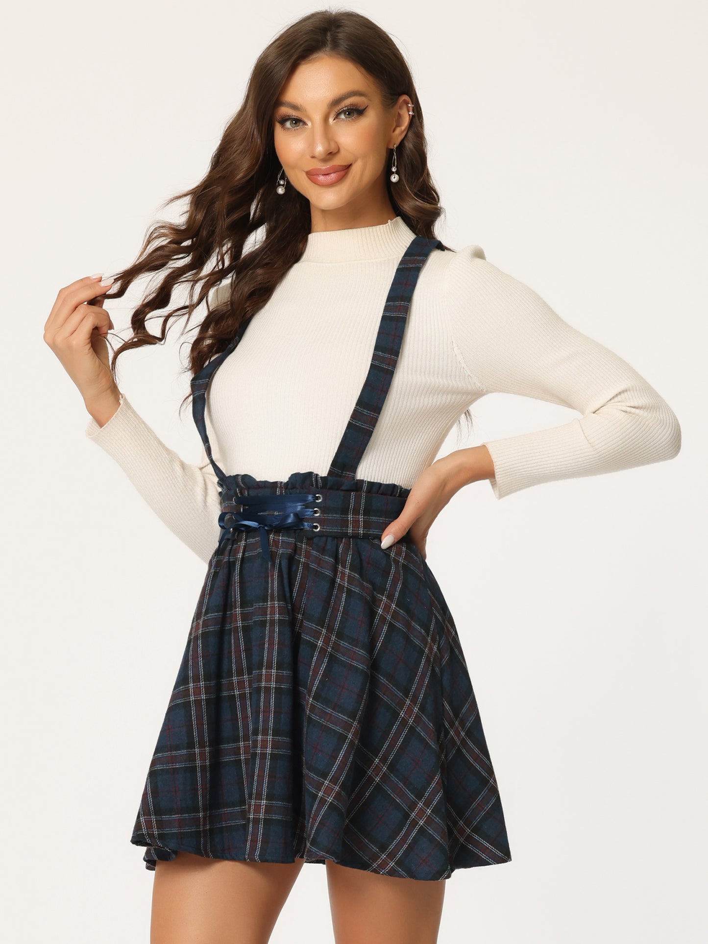 Women's Tartan Skirt Gothic Plaid High Waist Detachable Suspender Skirts