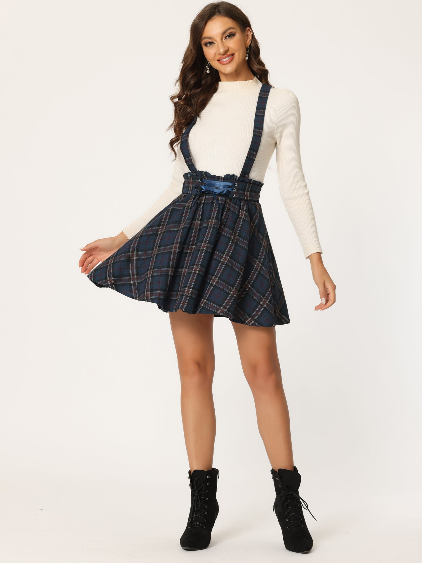 Women's Tartan Skirt Gothic Plaid High Waist Detachable Suspender Skirts