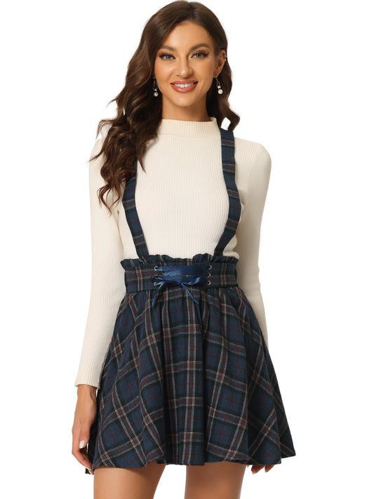 Women's Tartan Skirt Gothic Plaid High Waist Detachable Suspender Skirts