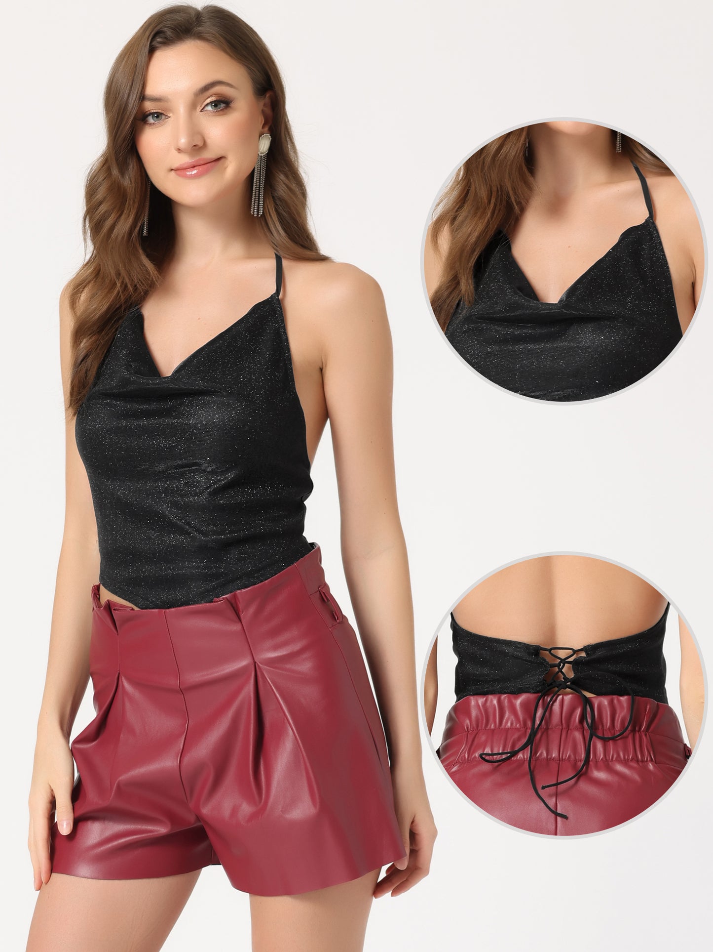 Women's Sparkly Metallic Camisole Party Cowl Neck Backless Glitter Halter Top