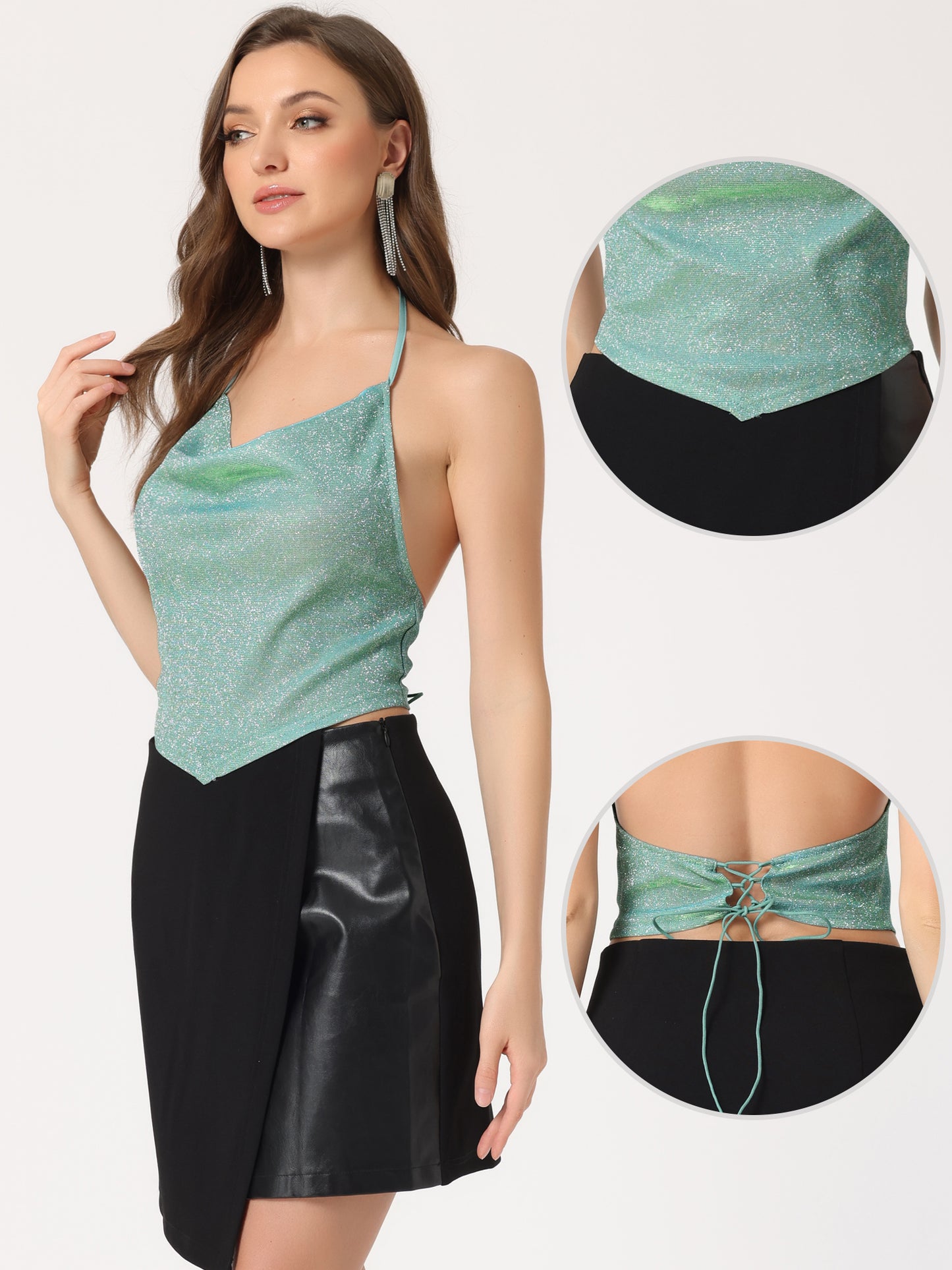 Women's Sparkly Metallic Camisole Party Cowl Neck Backless Glitter Halter Top