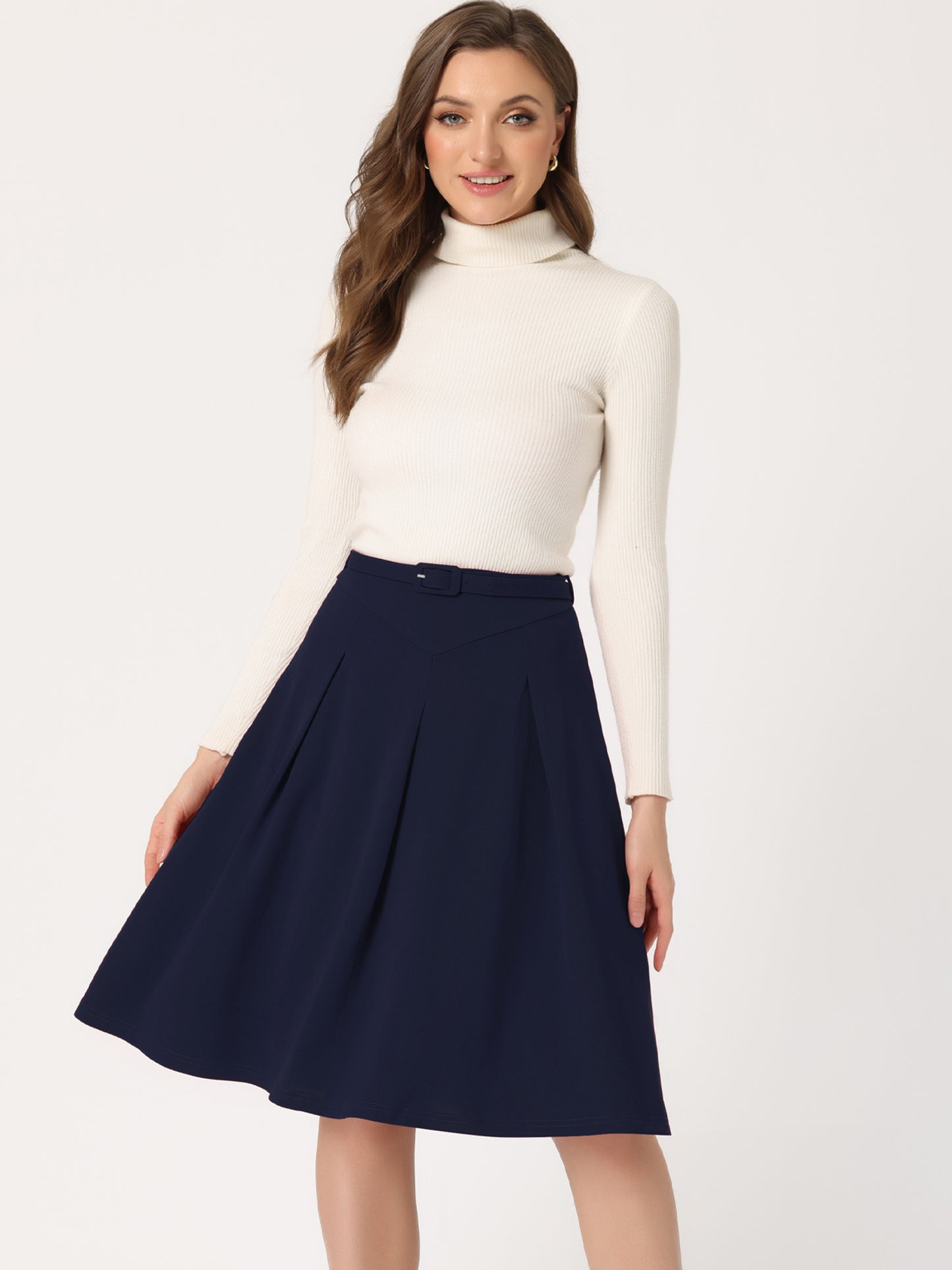 Women's Office Work Skirts Belted Waist Midi A-Line Pleated Skirt (Available in Plus Size)