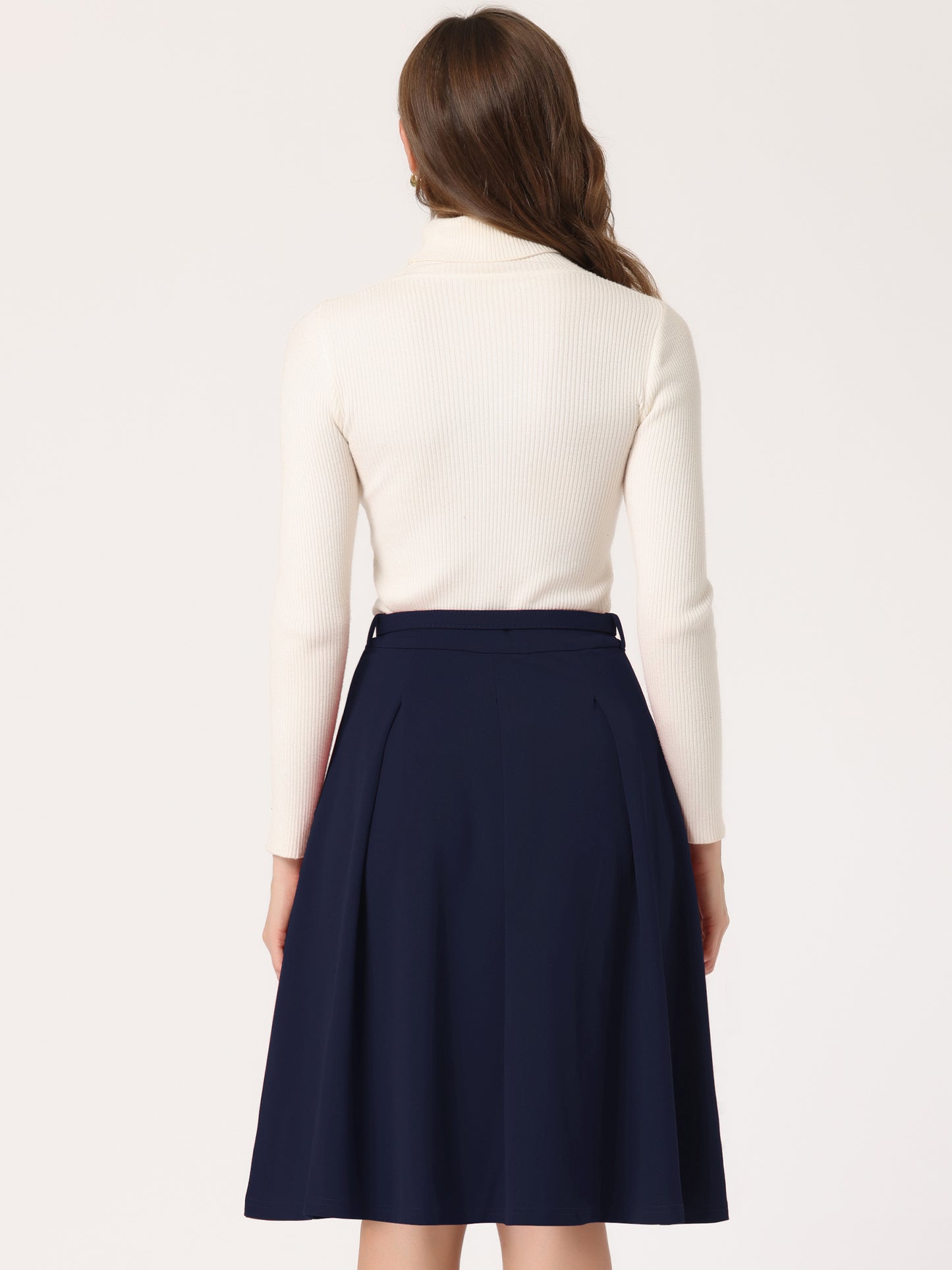 Women's Office Work Skirts Belted Waist Midi A-Line Pleated Skirt (Available in Plus Size)