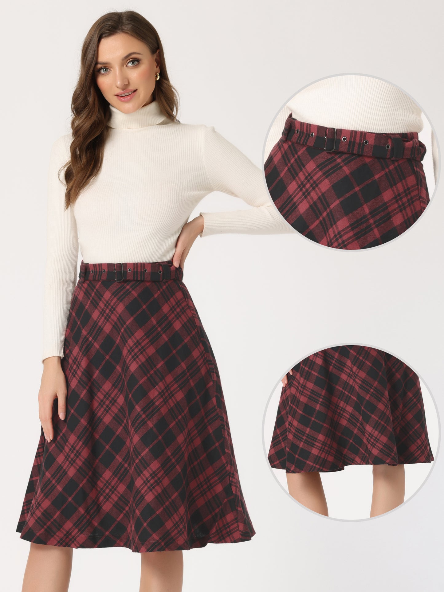 Women's Tartan Plaid High Waist Belted Vintage A-Line Midi Skirt