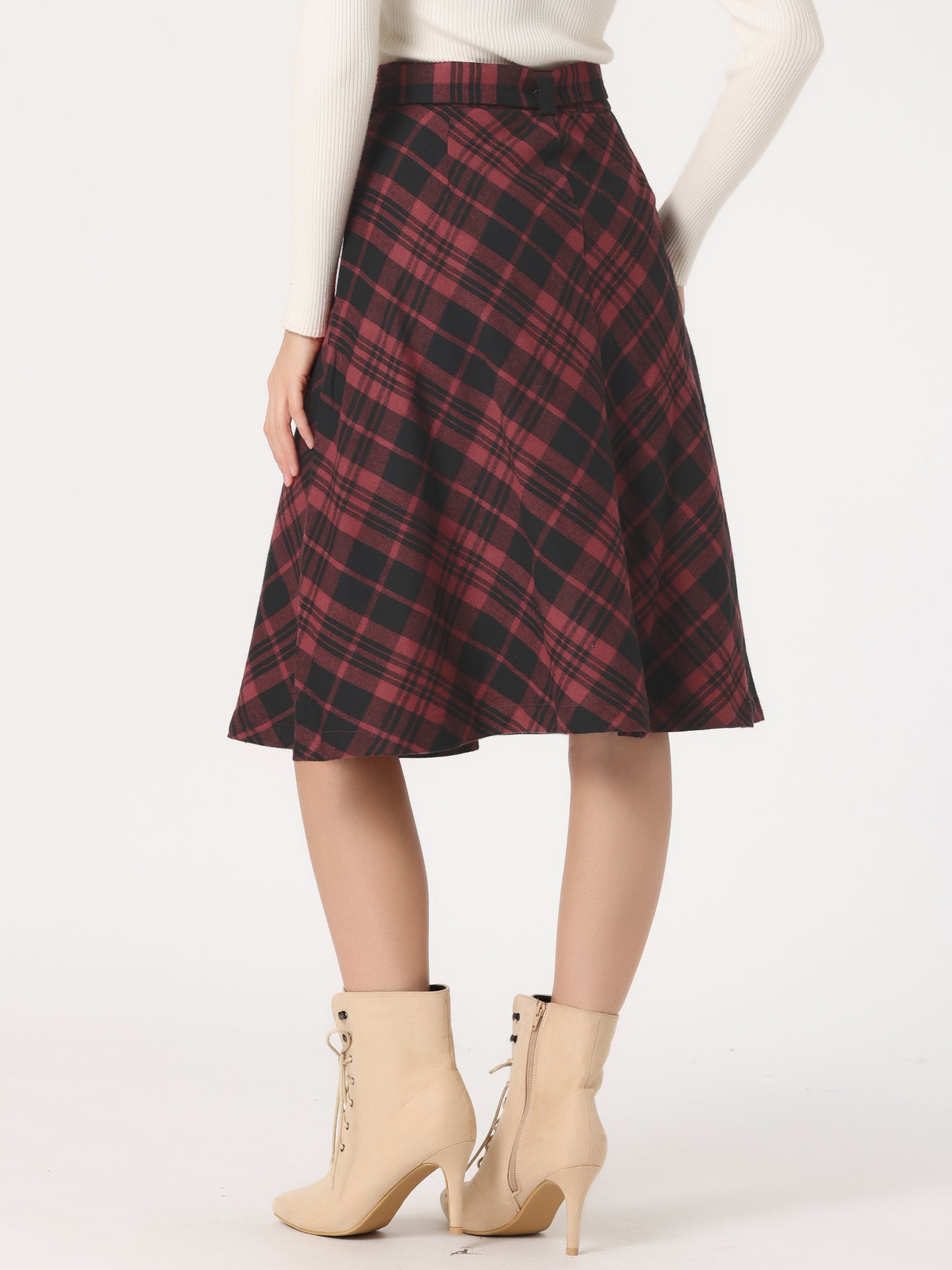 Women's Tartan Plaid High Waist Belted Vintage A-Line Midi Skirt