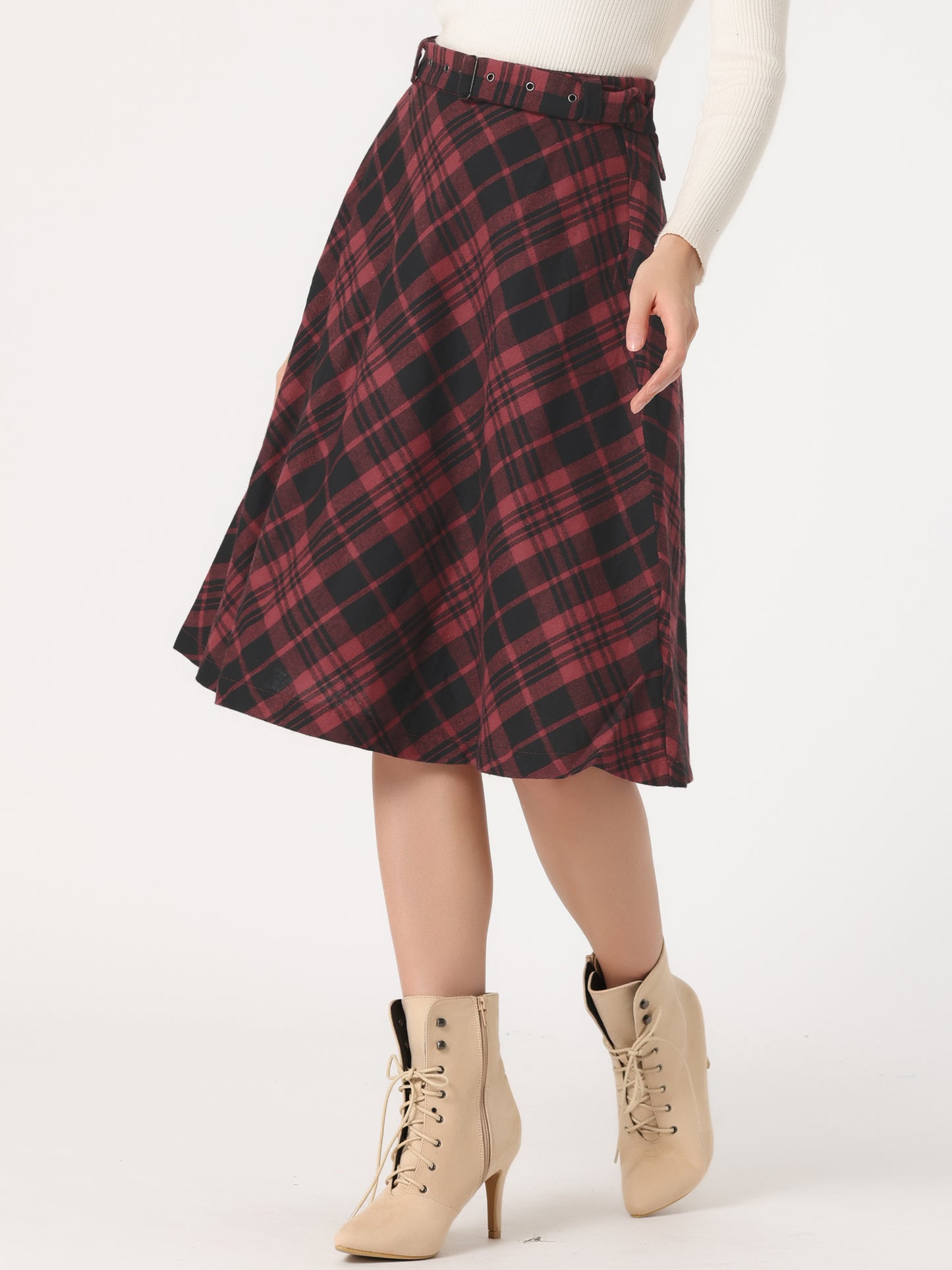Women's Tartan Plaid High Waist Belted Vintage A-Line Midi Skirt