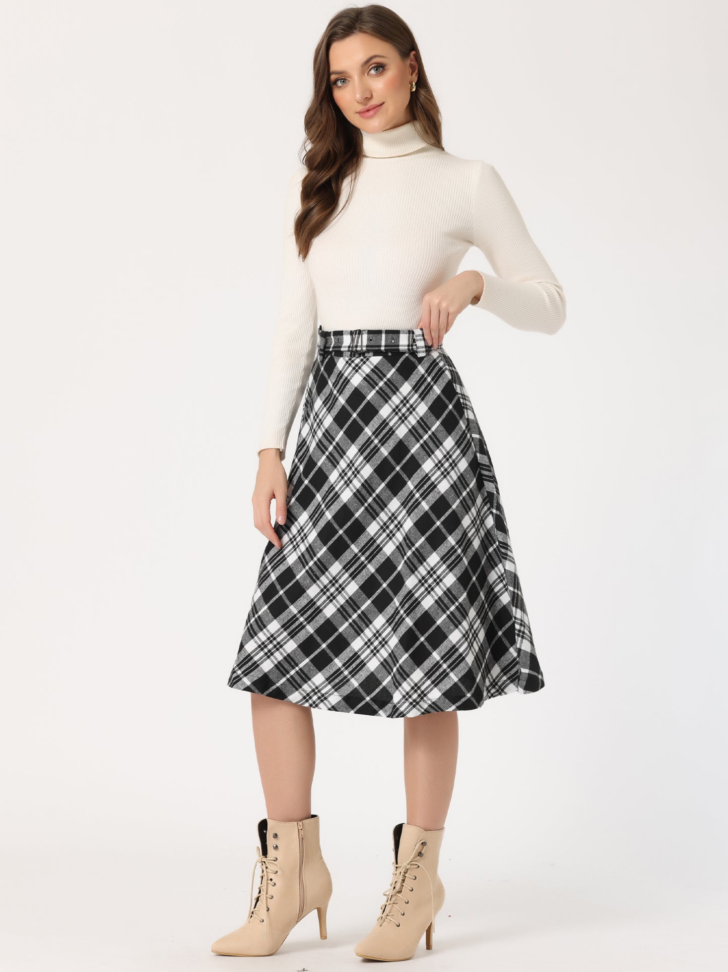 Women's Tartan Plaid High Waist Belted Vintage A-Line Midi Skirt