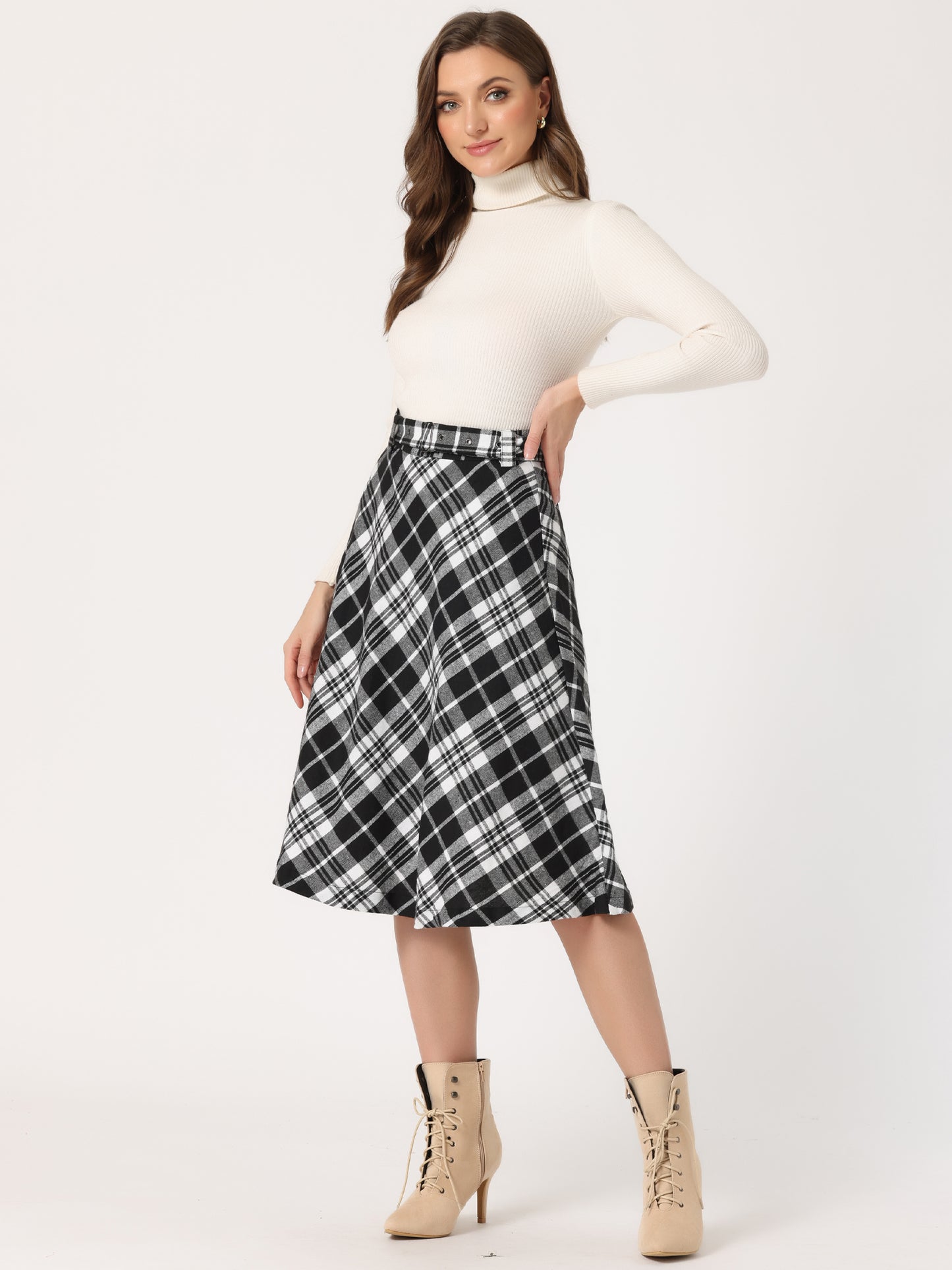 Women's Tartan Plaid High Waist Belted Vintage A-Line Midi Skirt