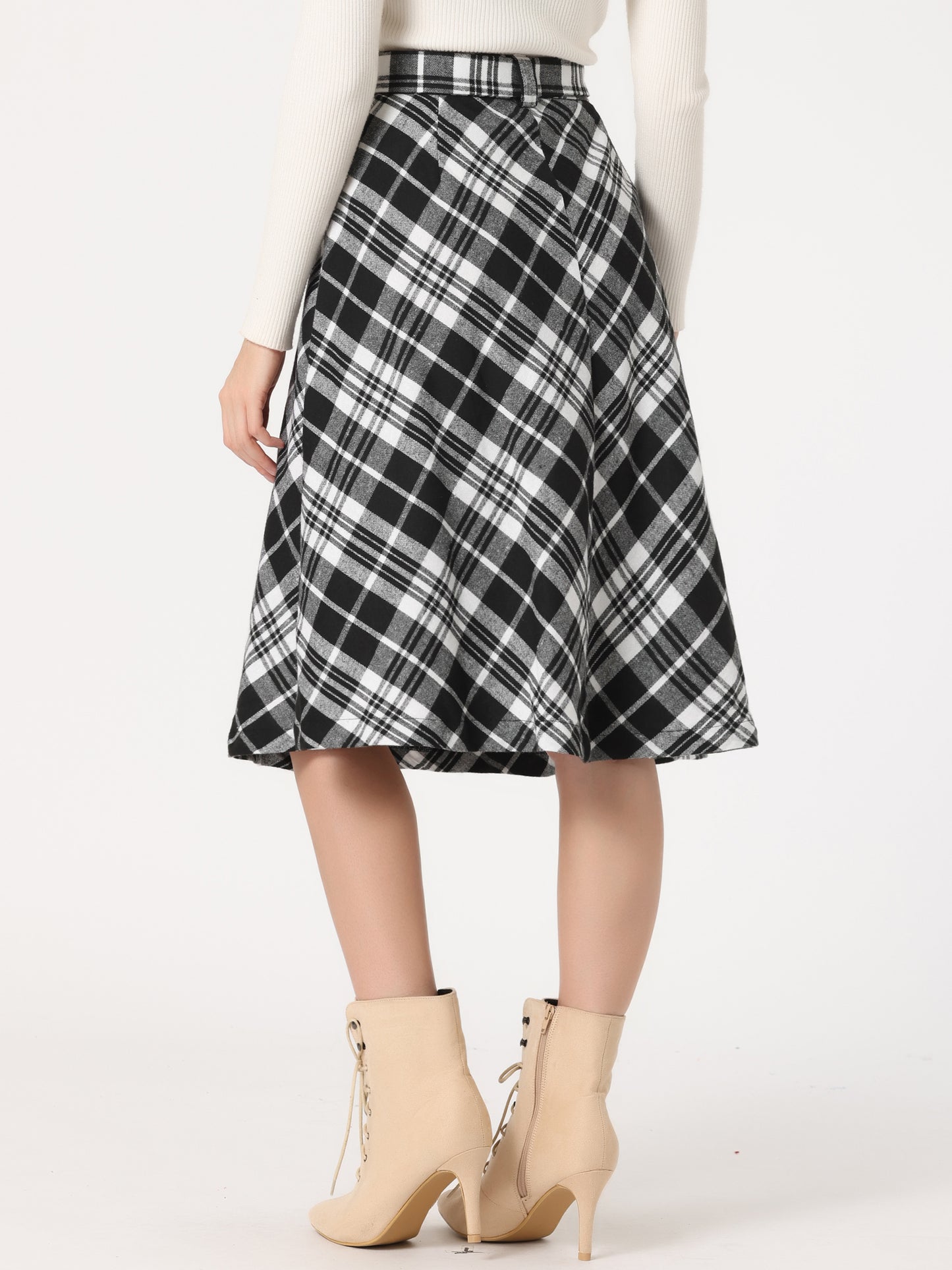 Women's Tartan Plaid High Waist Belted Vintage A-Line Midi Skirt
