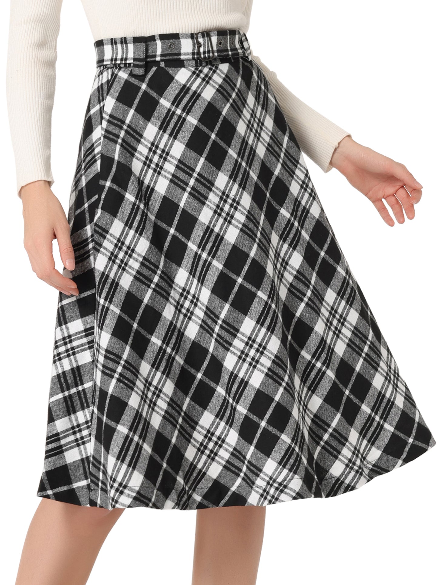 Women's Tartan Plaid High Waist Belted Vintage A-Line Midi Skirt