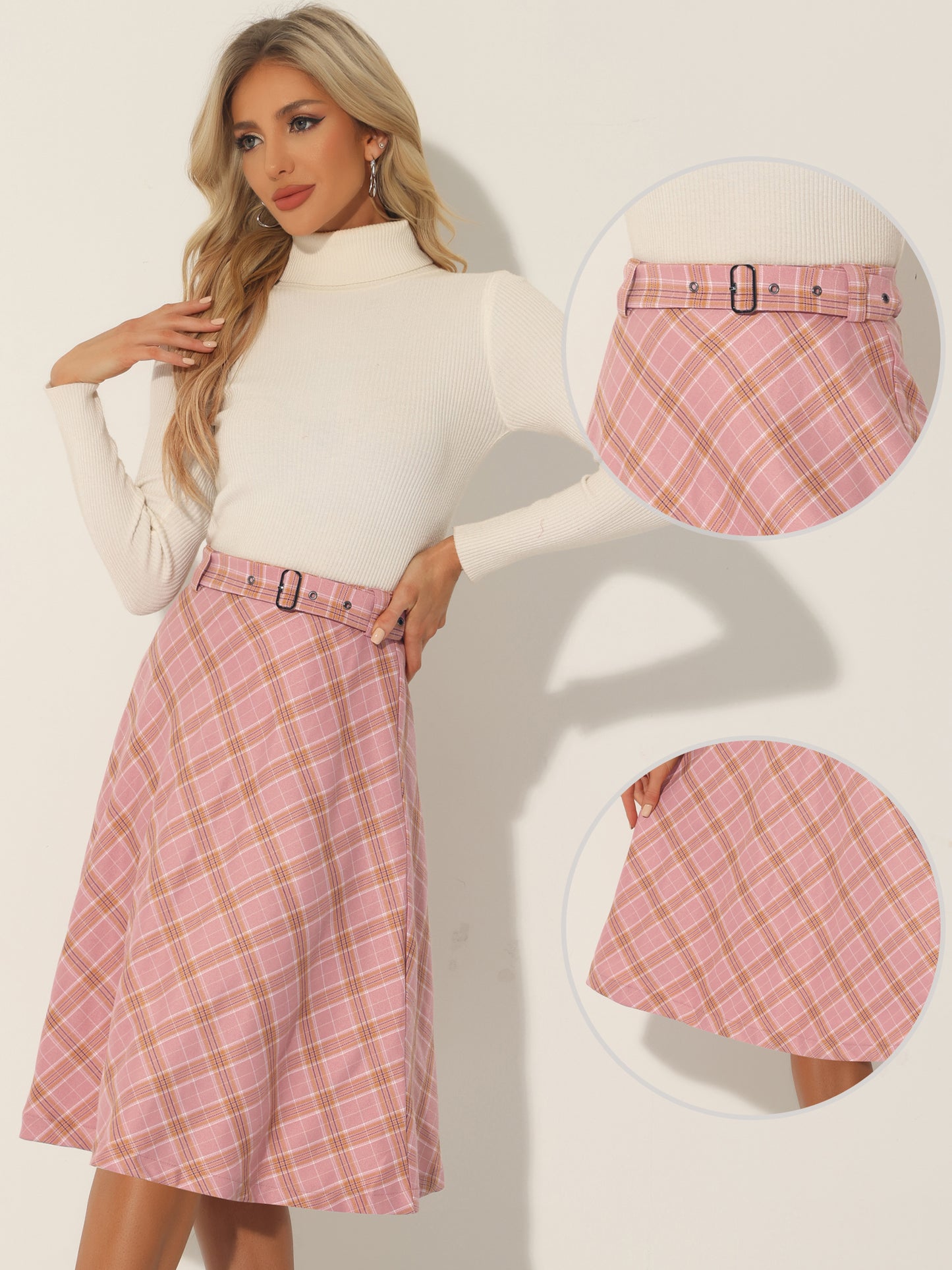 Women's Tartan Plaid High Waist Belted Vintage A-Line Midi Skirt