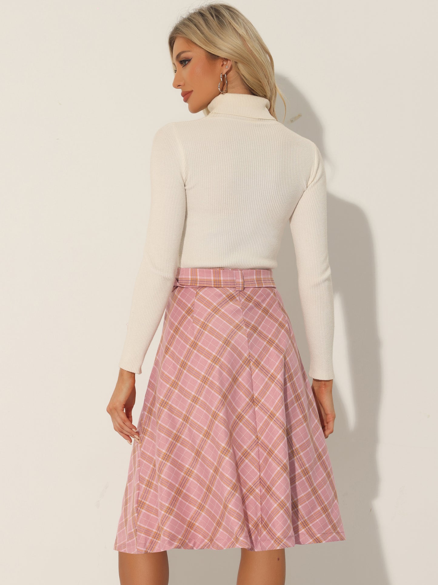 Women's Tartan Plaid High Waist Belted Vintage A-Line Midi Skirt