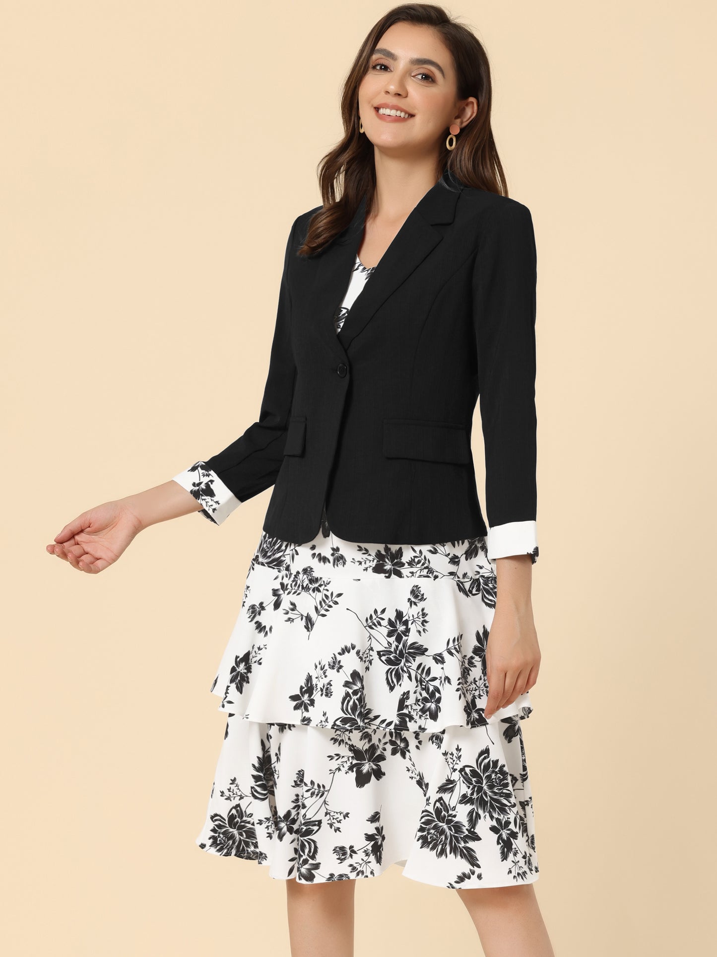 Women's Dress Suit Set Chiffon V Neck Floral Print Dress Contrast Panel Work Blazer (Available in Plus Size)