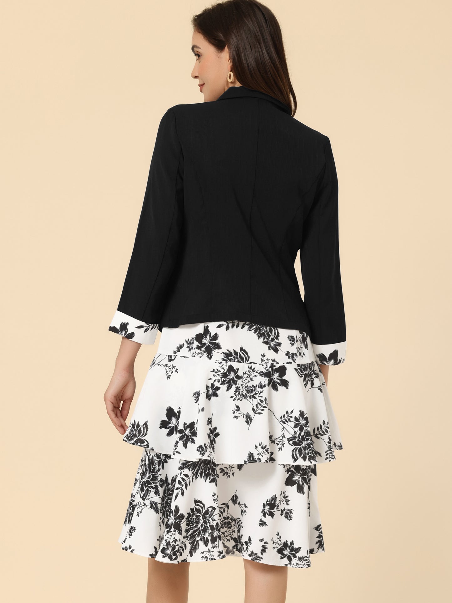 Women's Dress Suit Set Chiffon V Neck Floral Print Dress Contrast Panel Work Blazer (Available in Plus Size)