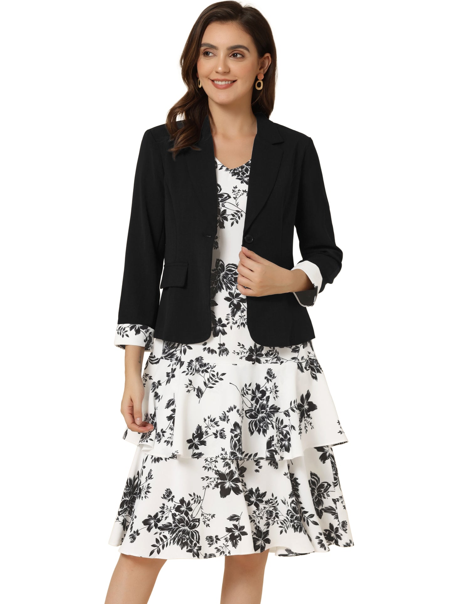 Women's Dress Suit Set Chiffon V Neck Floral Print Dress Contrast Panel Work Blazer (Available in Plus Size)