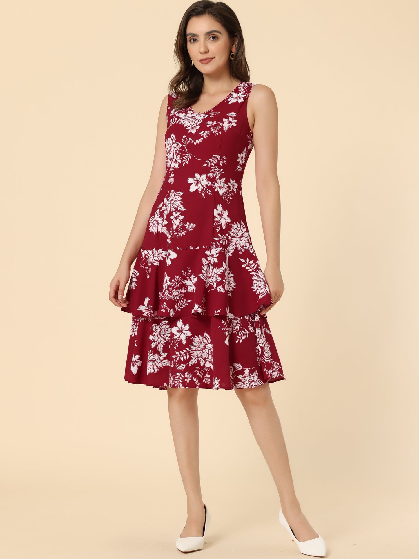 Women's Dress Suit Set Chiffon V Neck Floral Print Dress Contrast Panel Work Blazer