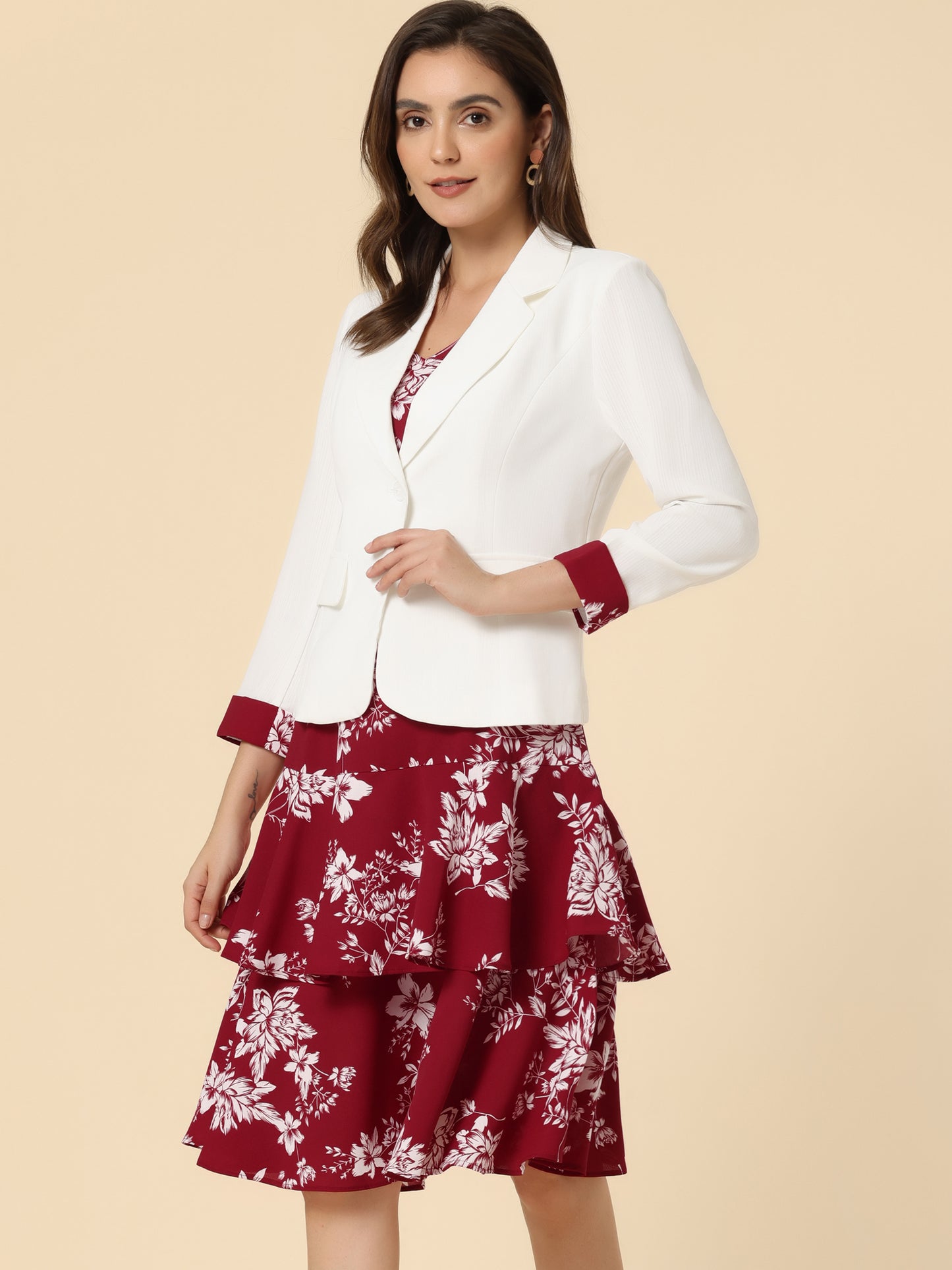 Women's Dress Suit Set Chiffon V Neck Floral Print Dress Contrast Panel Work Blazer