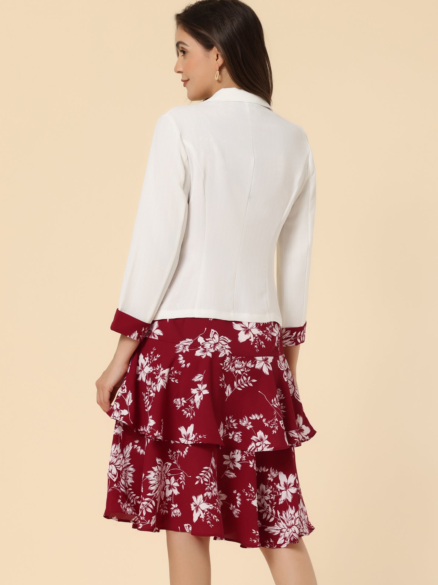 Women's Dress Suit Set Chiffon V Neck Floral Print Dress Contrast Panel Work Blazer