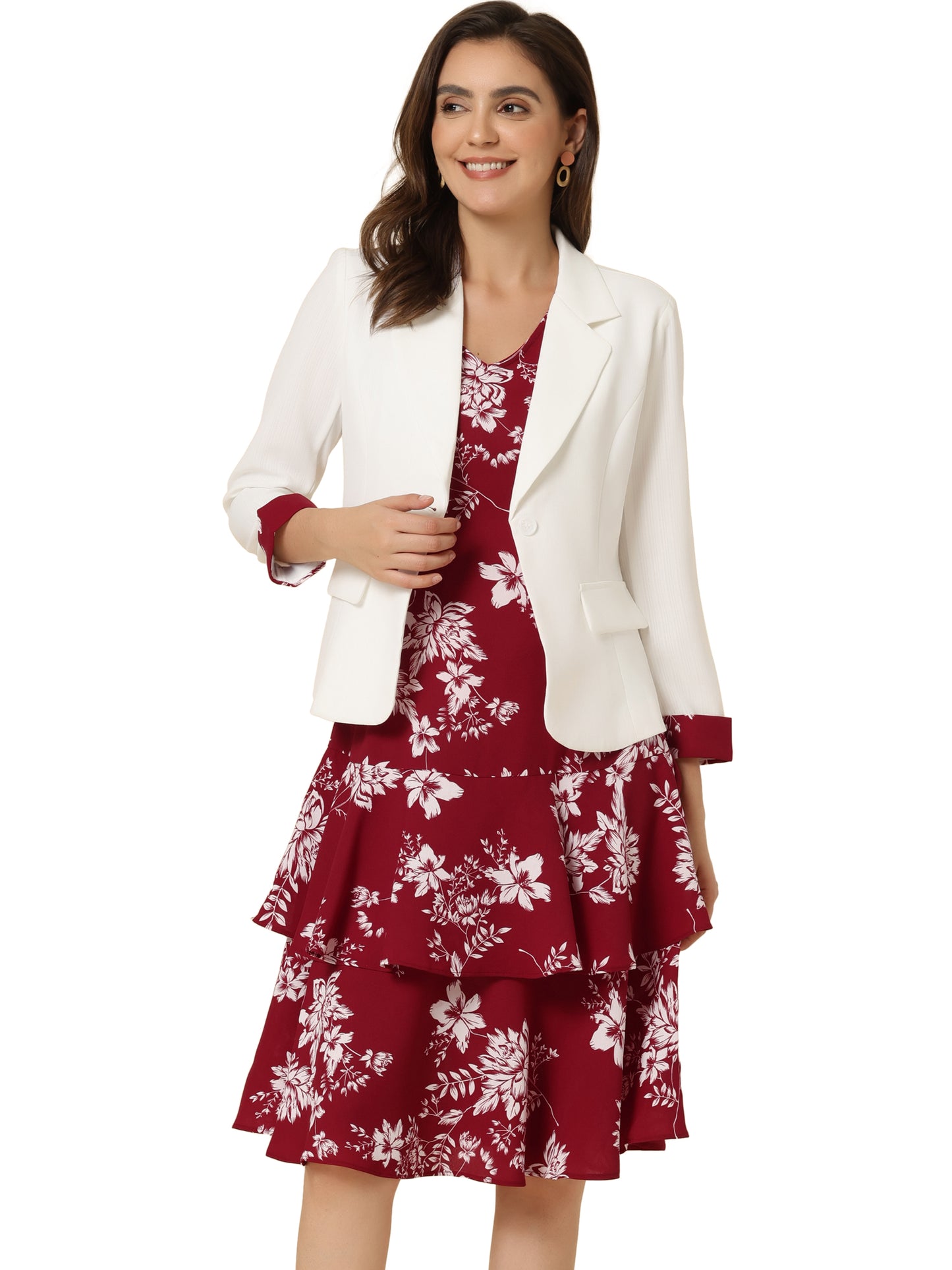 Women's Dress Suit Set Chiffon V Neck Floral Print Dress Contrast Panel Work Blazer