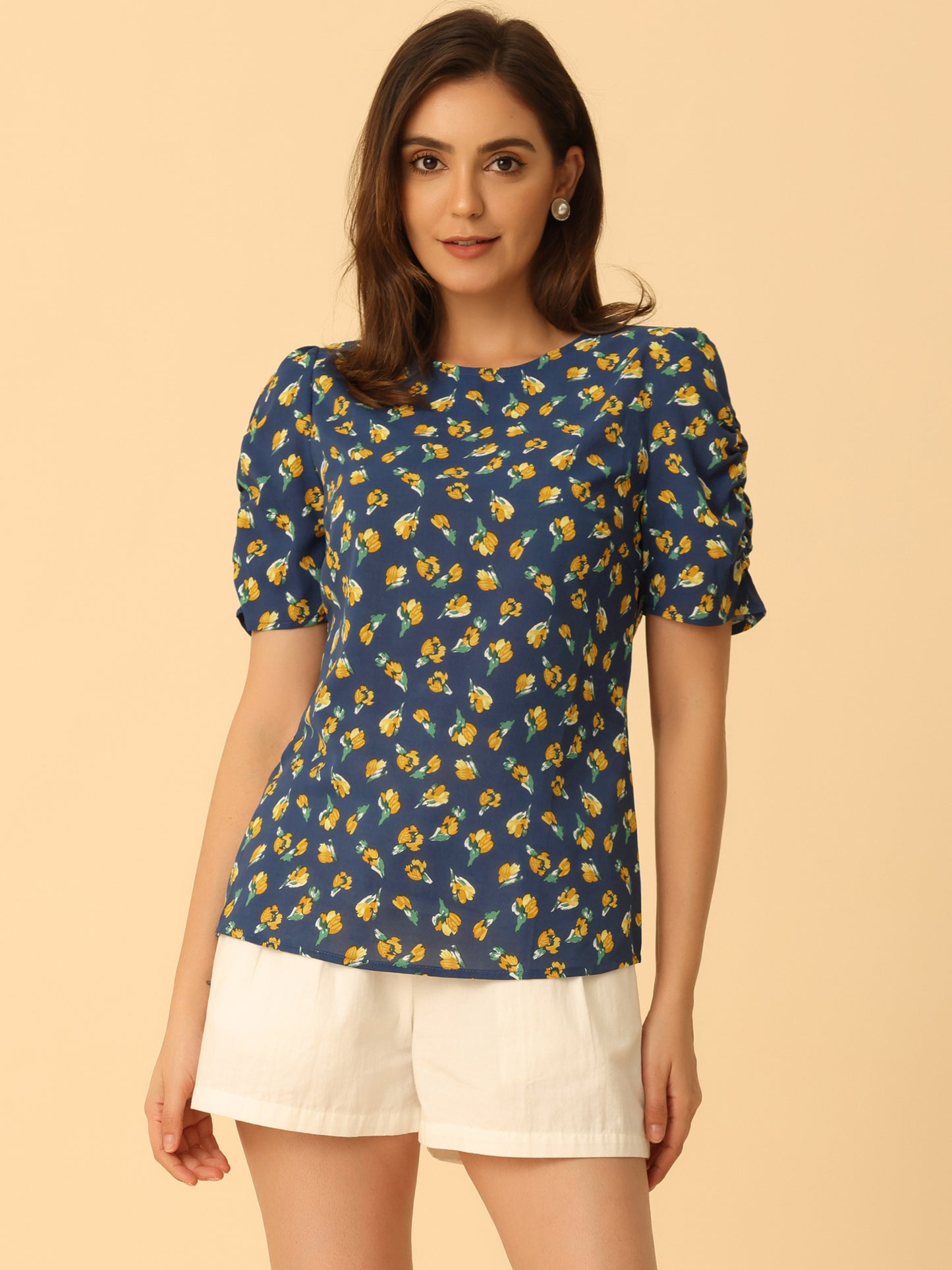 Women's Floral Crew Neck Summer Shirred Short Sleeve Blouse
