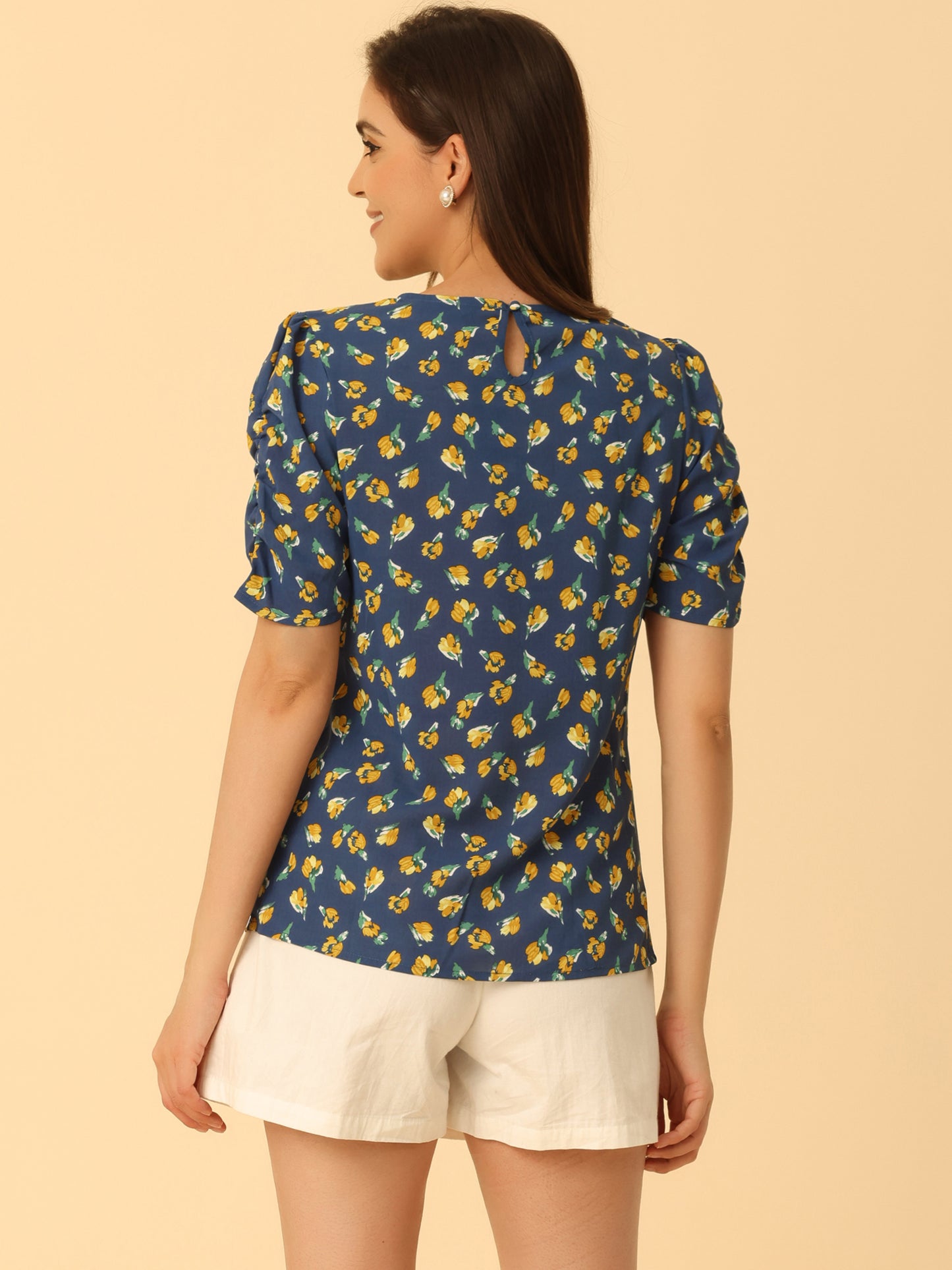 Women's Floral Crew Neck Summer Shirred Short Sleeve Blouse