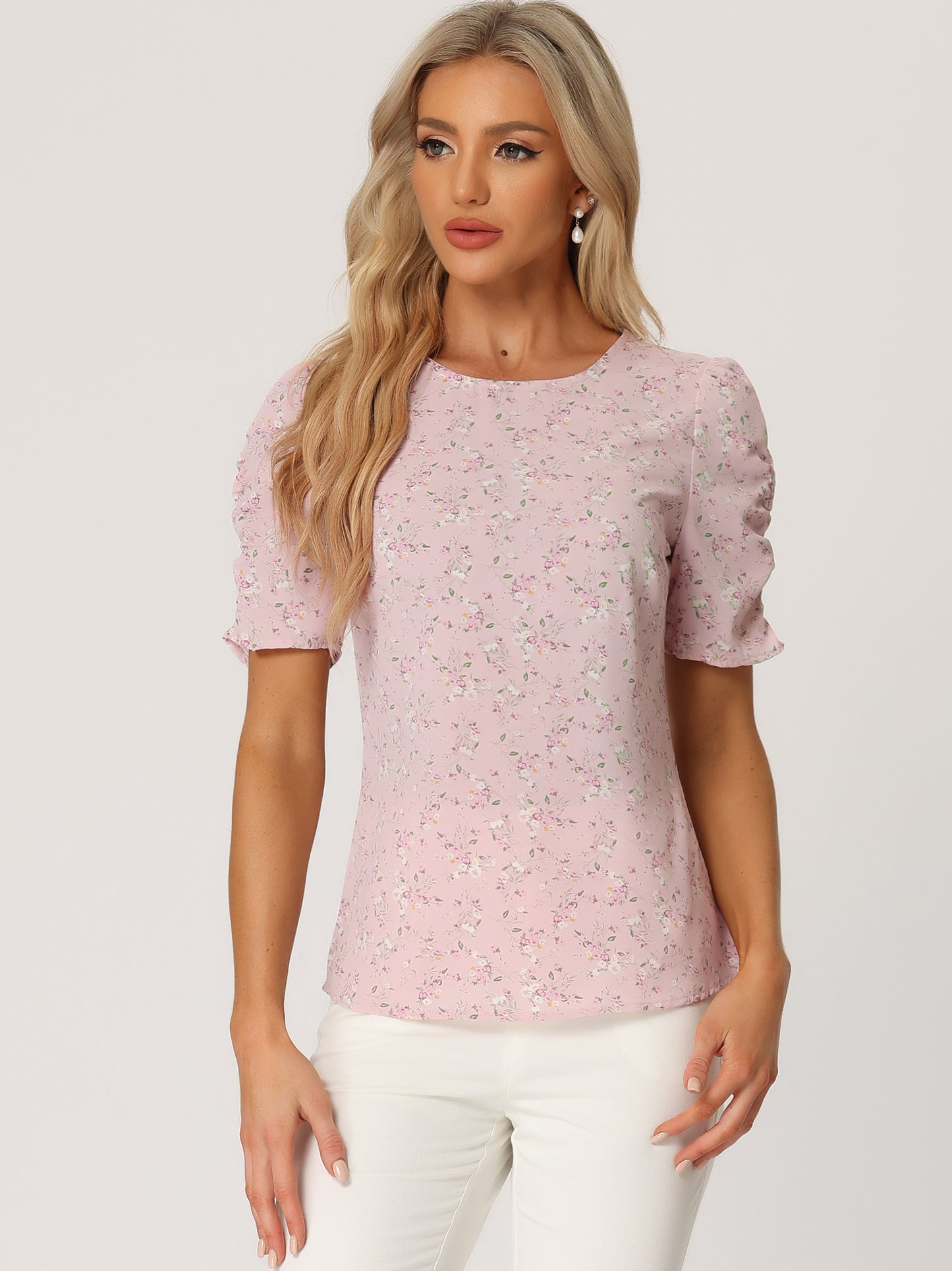 Women's Floral Crew Neck Summer Shirred Short Sleeve Blouse