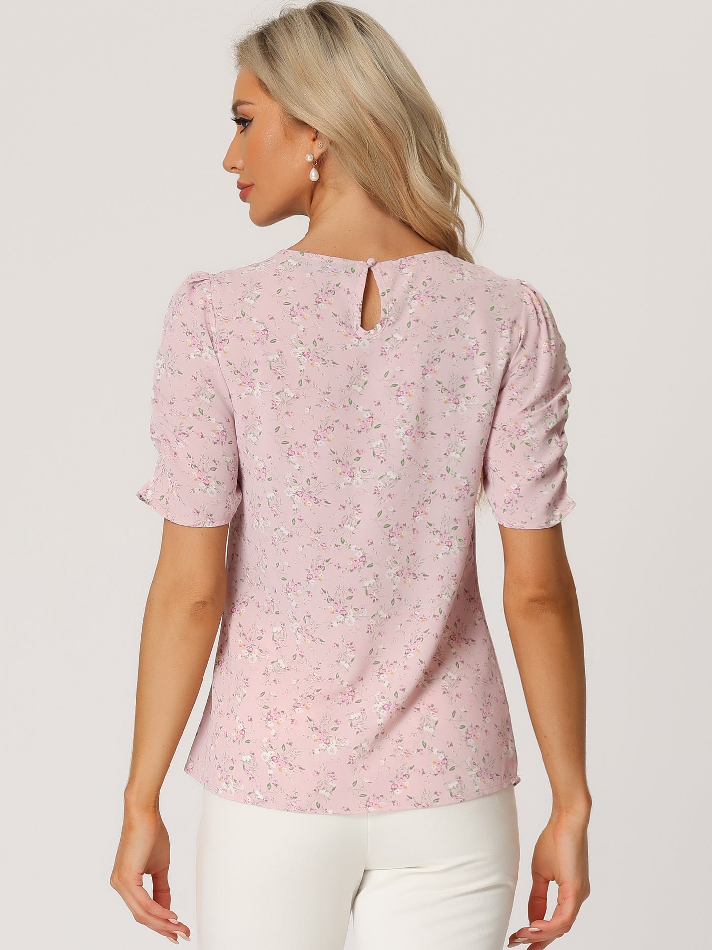 Women's Floral Crew Neck Summer Shirred Short Sleeve Blouse